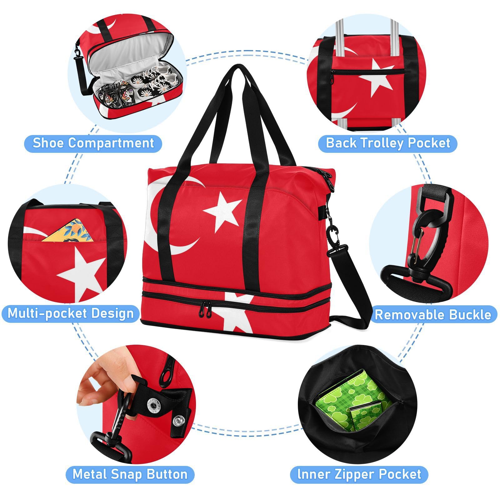 Bolsa de fin de semana con bandera de Turquía, color rojo turco, con bolsillo húmedo, correa ajustable, bolsa de gimnasio para senderismo, impermeable para hombres y mujeres