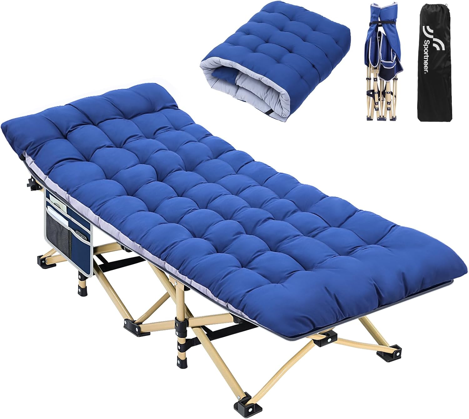 Sportneer Camping Cot: 1200D Double Layer Oxford Camping Cots for Adults - Heavy-Duty Foldable Cots for Camping Travel Tent Day Outdoor & Home Guest, Camping Cots with Mattress Carry Bag & 2 Pockets 1 Blue+blue