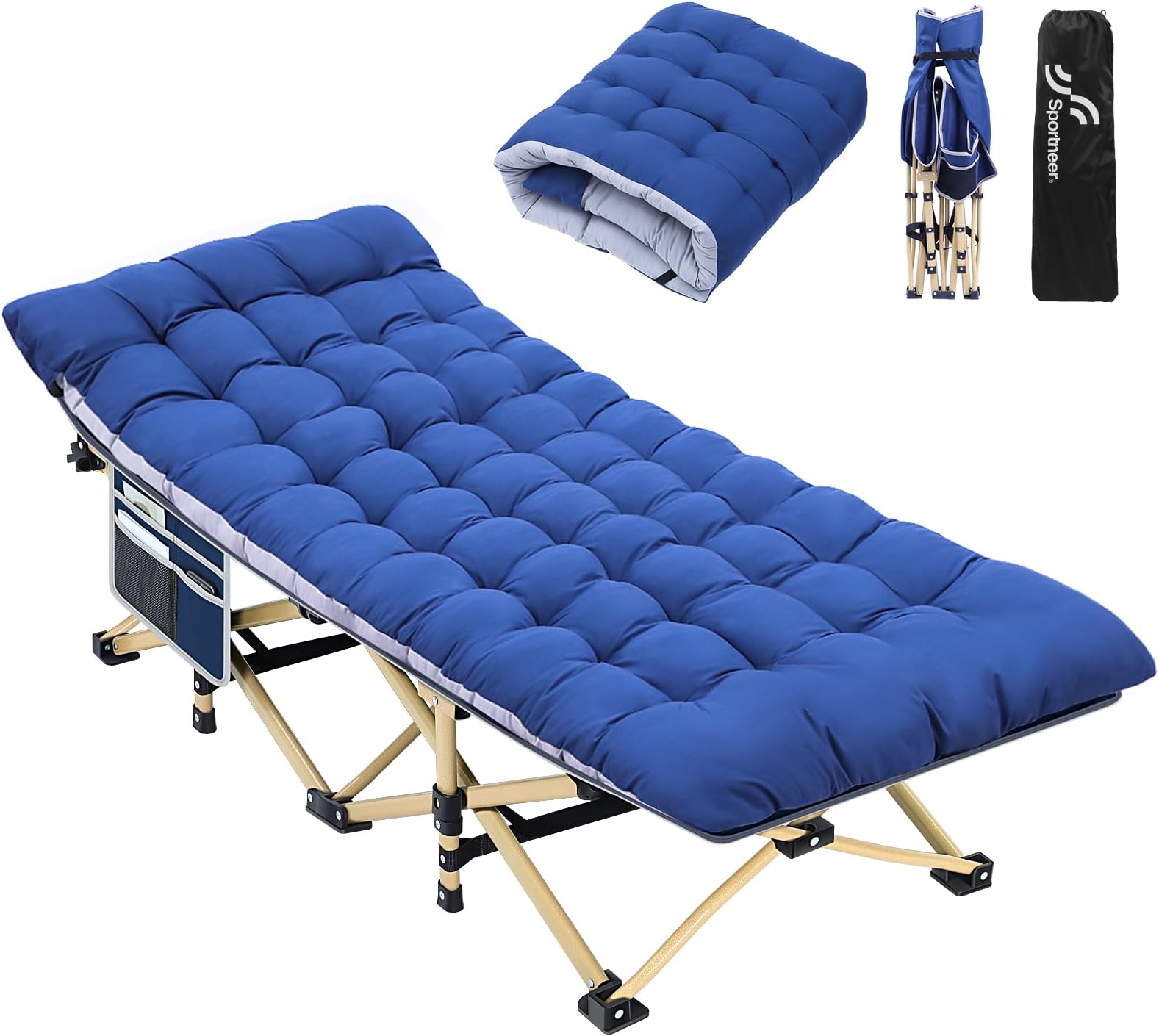 Sportneer Camping Cot for Adults, 28" Extra Wide Heavy-Duty 1200D Oxford Cot with 2 Side Pockets & Mattress, Portable Folding Camp Bed Supports 450 LBS, 10-Second Setup for Camping Travel Home Guest