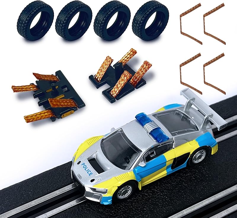 AGM MASTECH Audi R8 auto de policía 1:64 HO Vehículo de carreras con ranura | Versión mejorada con faros LED y ventanas interiores de exhibición, se adapta a las pistas AFX Auto World Carrea