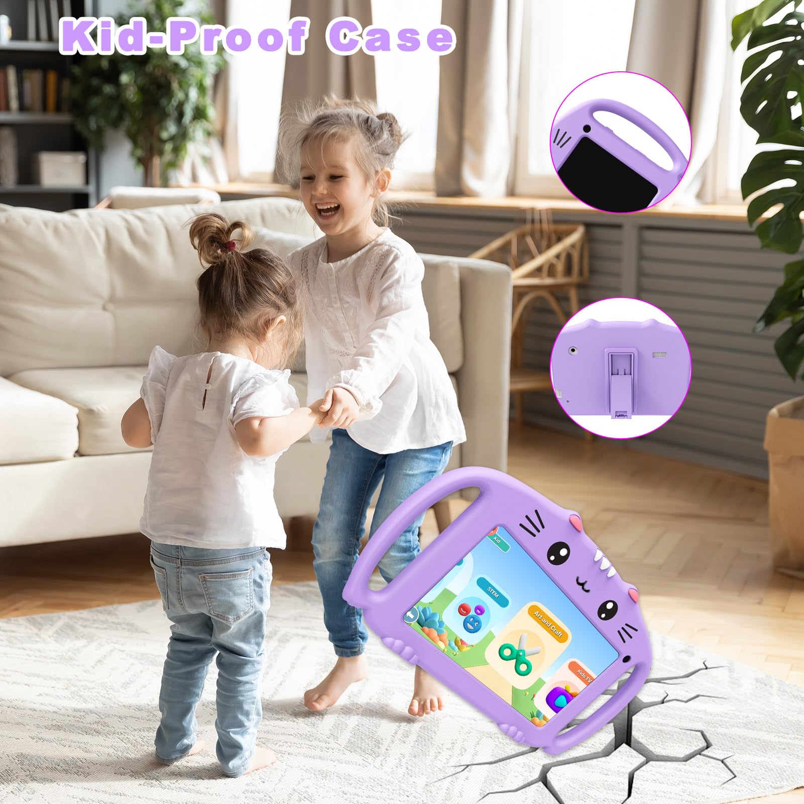 Ascrecem Tablet dla dzieci 7 cali, tablet dotykowy dla dzieci z WiFi, 2 GB RAM, 32 GB ROM, Android, tablet edukacyjny z kontrolą rodzicielską, gry edukacyjne, odporne na wstrząsy, 3-14 lat (Fioletowy