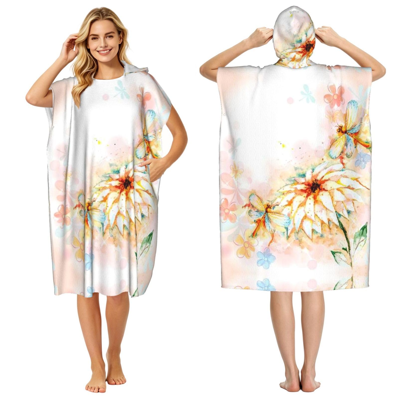 ESNAIUVCD Flying Dragonflies Lily Flower Print Changing Robe, Hooded Towel Poncho For Swimming Pool, Beach,Quick Dry & Light Weight Towelling Poncho For Adults Women Men
