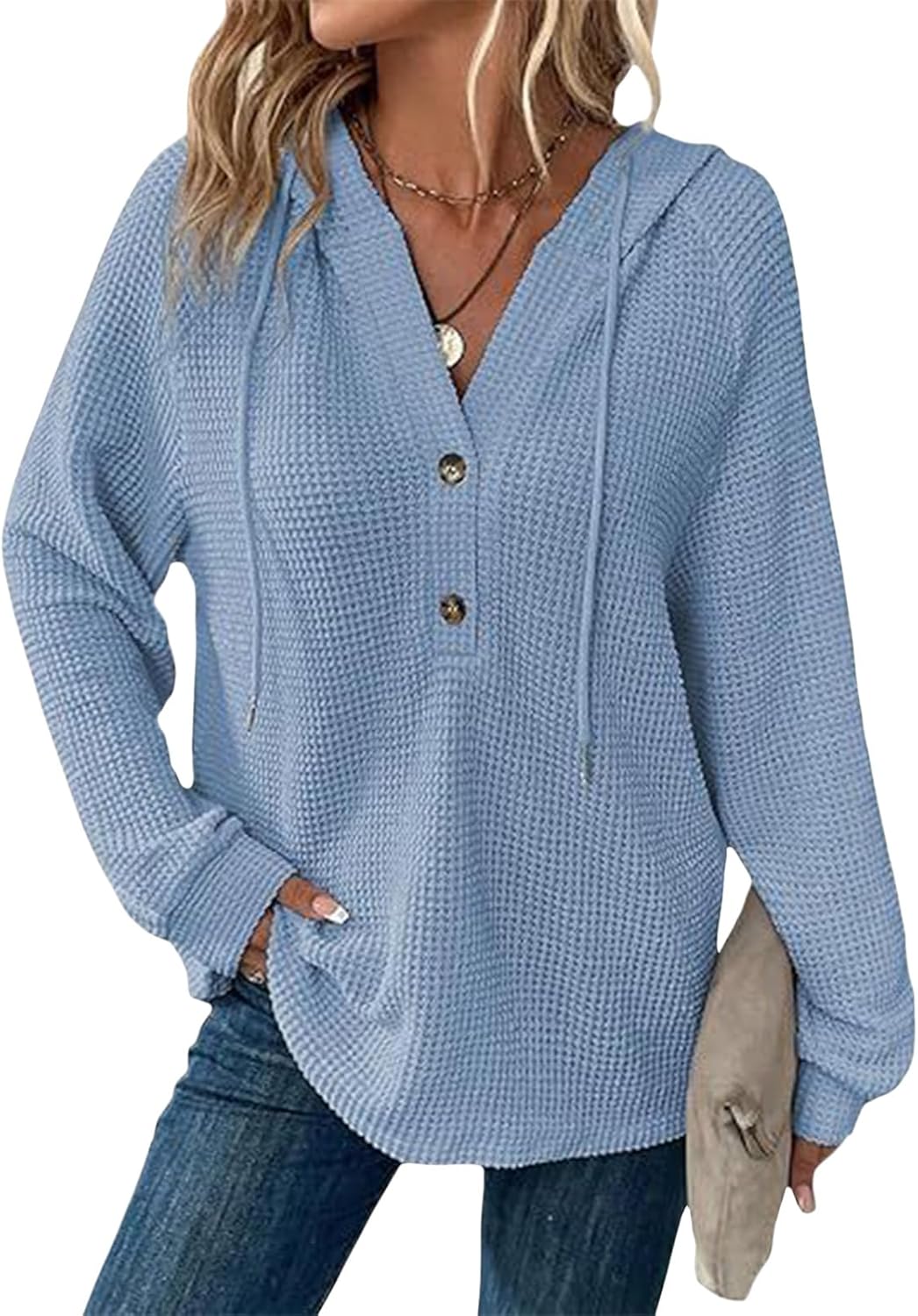 Hoodies for Women Comfortable Waffle Knit Long Sleeve Drawstring Button V Neck Casual Pullover Sweatshirt Hooded Tops