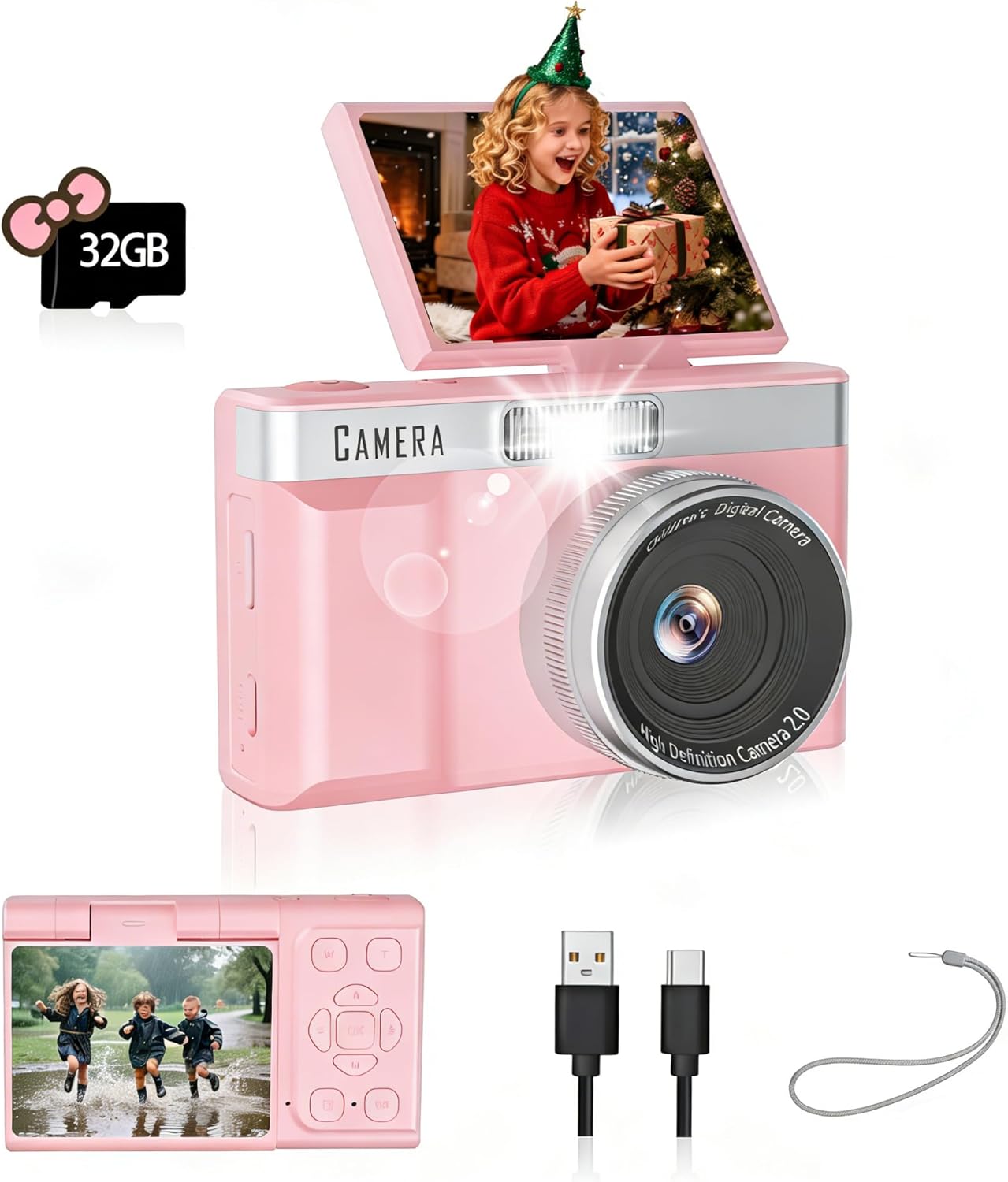 Fotocamera per bambini Schermo invertito a 180° Scheda di memoria da 32 GB Fotocamera digitale HD 1080P Giochi educativi integrati Fotocamera digitale per bambini Ragazzi Ragazze (Rosa)