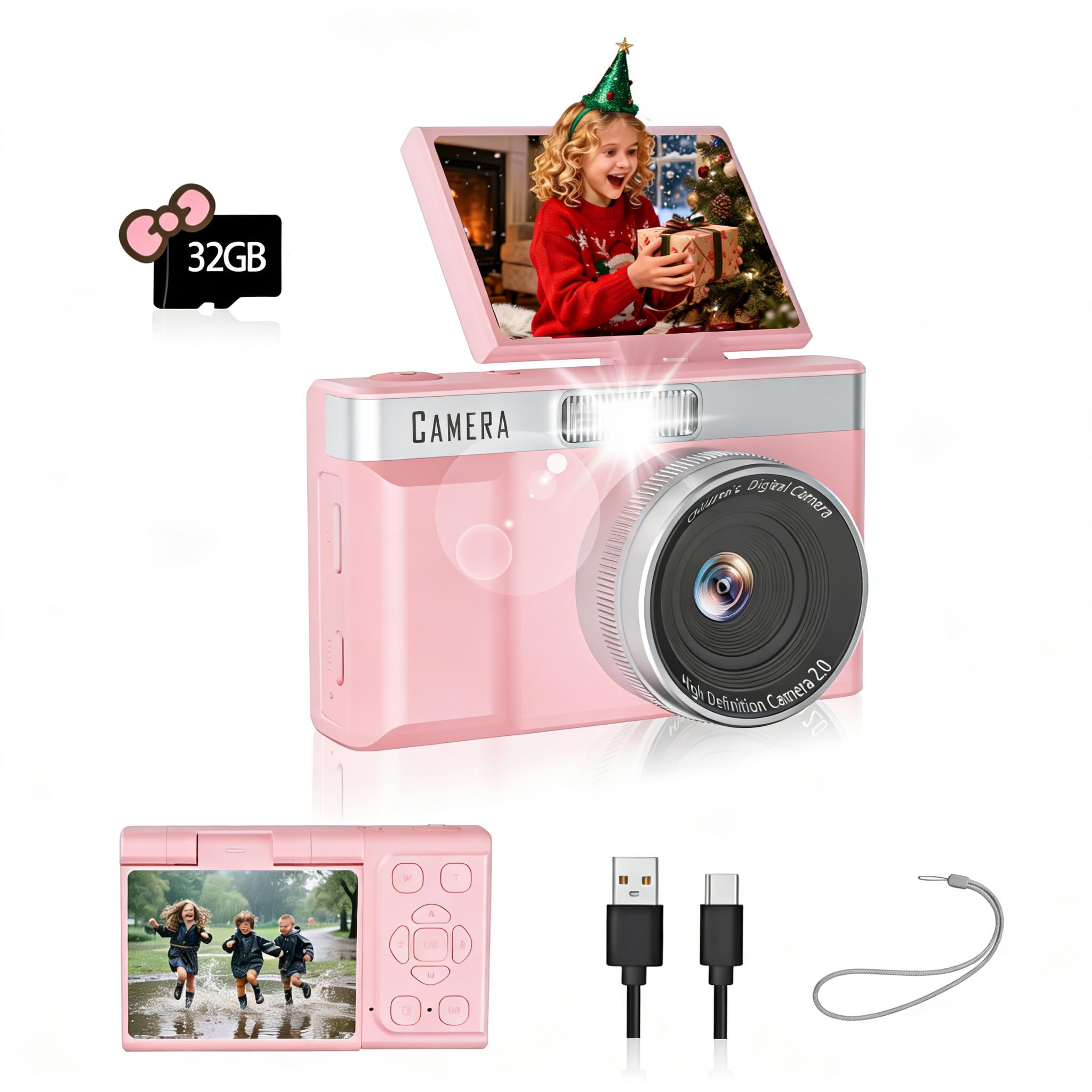 Appareil Photo Enfant Écran Inversable 180°, Carte Mémoire 32GB, Appareil Photo Numérique 1080P HD, Jeux Éducatifs Intégrés, Digital Camera Enfants, Garçons Filles(Rose)
