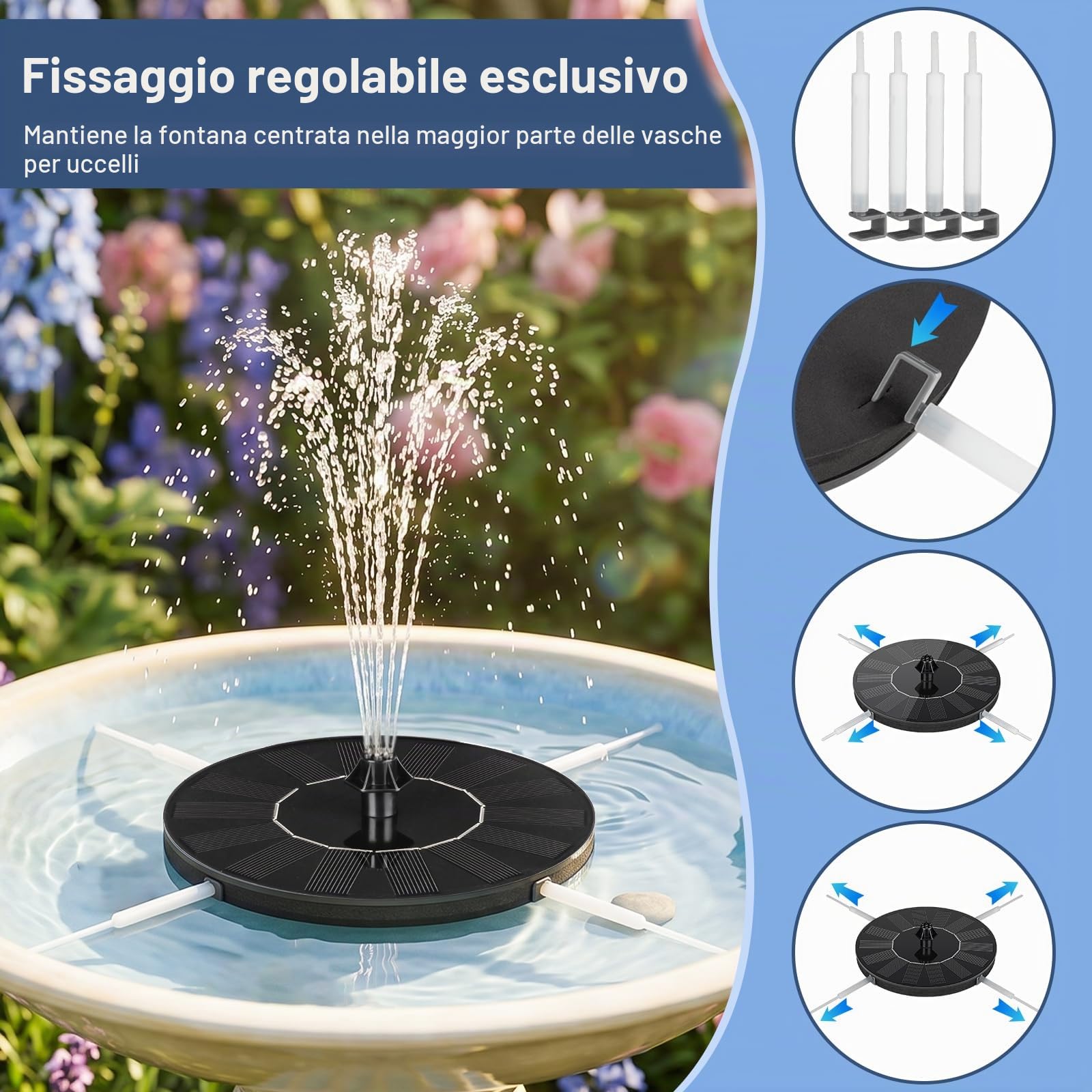 Mademax Fontana solare da 1 W, fontana per uccelli con 6 ugelli, autoportante, galleggiante, ad energia solare, per vasca per uccelli, giardino, stagno, piscina, all'aperto