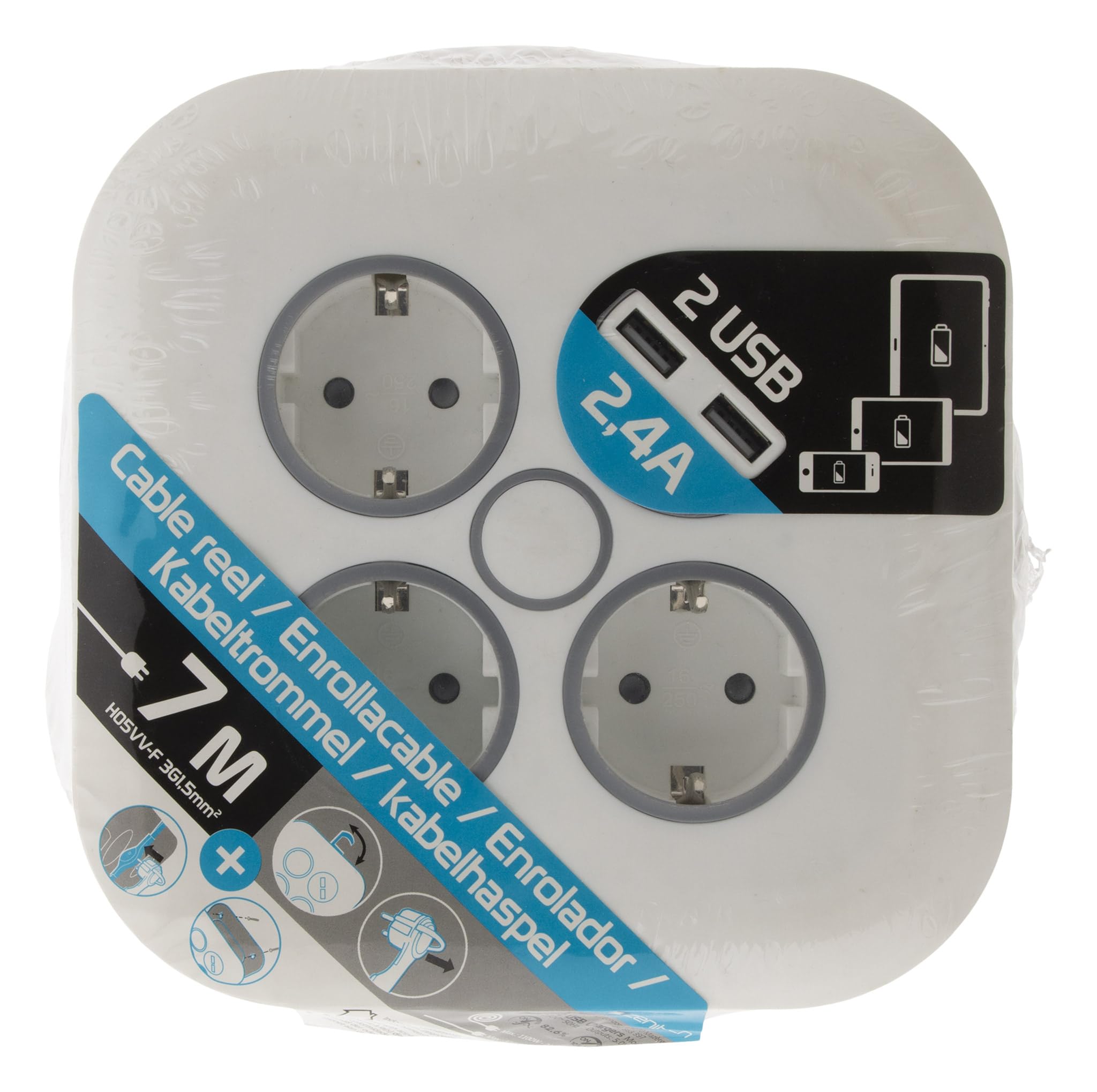 Enrouleur domestique Zenitech blanc pour le télétravail avec prises et USB