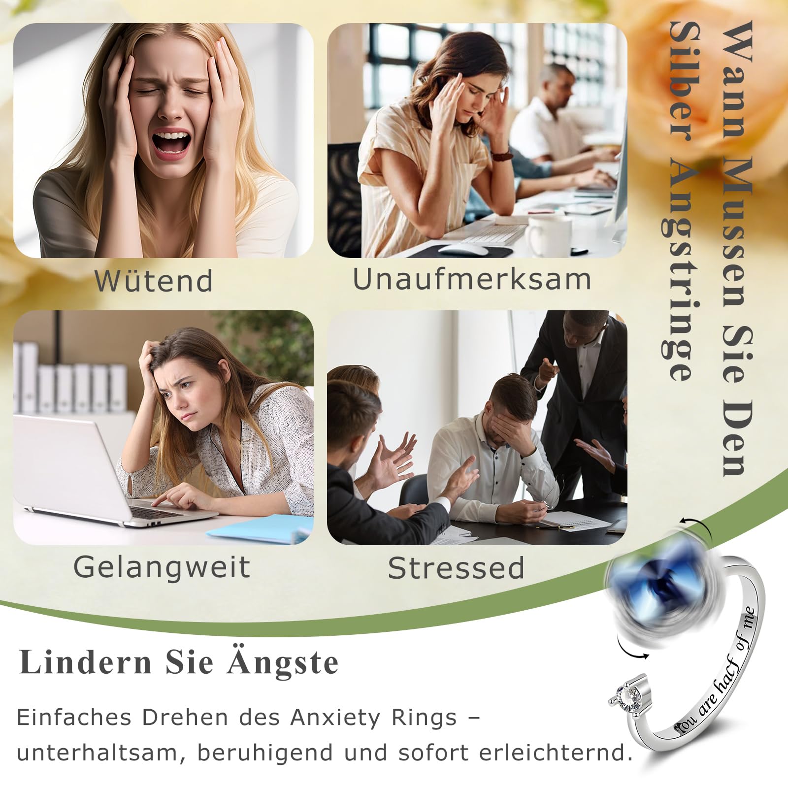 Silber Anxiety Ring mit drehbarem Design für Angst Damen Frauen Mädchen, Verstellbare Offener Anti-Stress Ringe, Spinner Fidget Ring gegen Angst, Stimmungsring Modeschmuck Geschenk