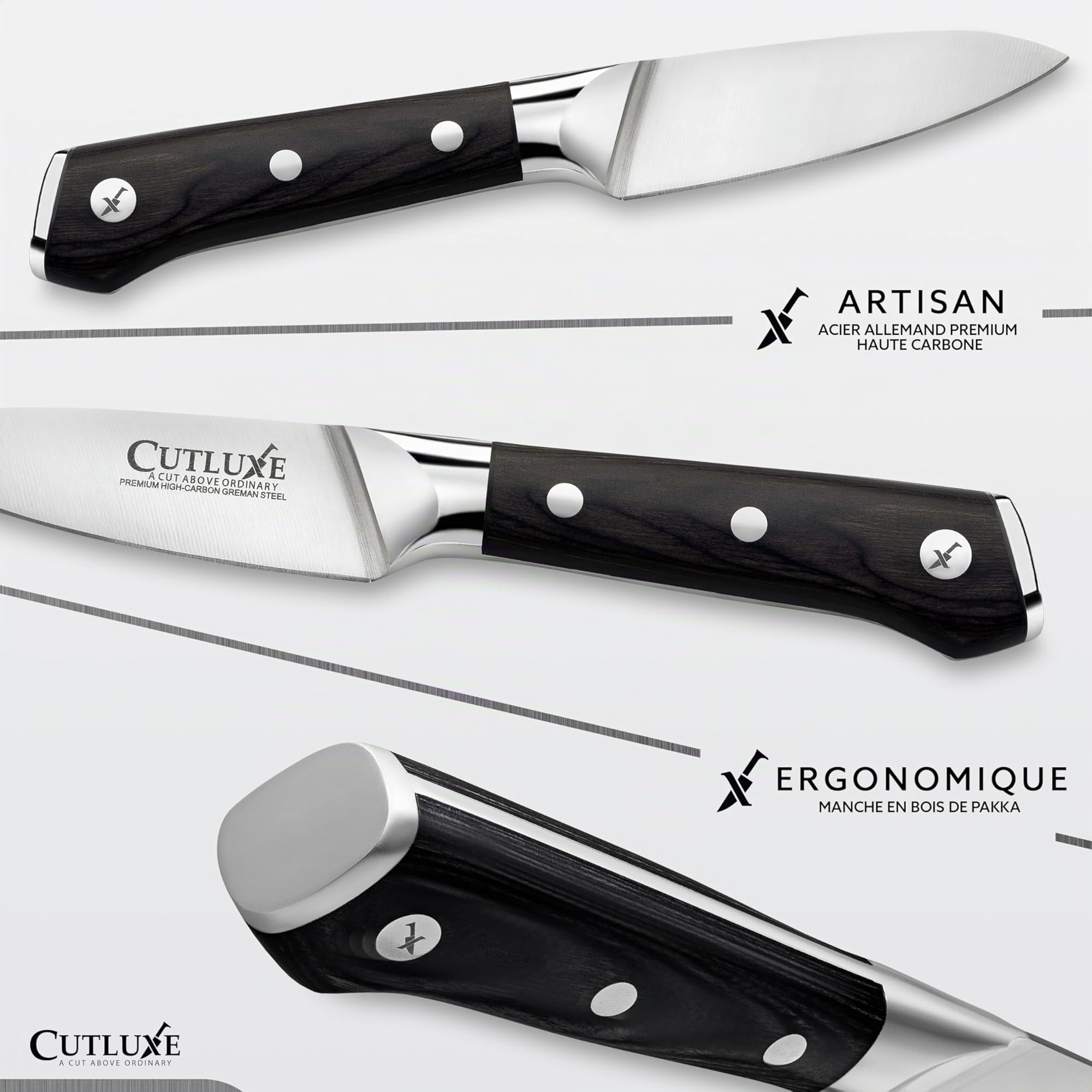 Cutluxe Couteau d'Office - Petit Couteau de Chef Professionnel 9cm - Lame Professionnelle en Acier Allemand à Forte Teneur en Carbone - Couteaux de Cuisine Premium à Tang Complet - Série Artisan