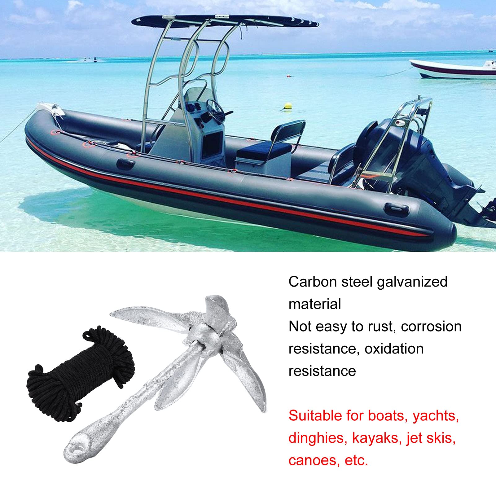 Yctze Ancla de garfio Plegable, Ancla Marina de 3,2 kg con Cuerda de 20 m, Plegable, portátil, de Acero al Carbono galvanizado para Barco, Kayak