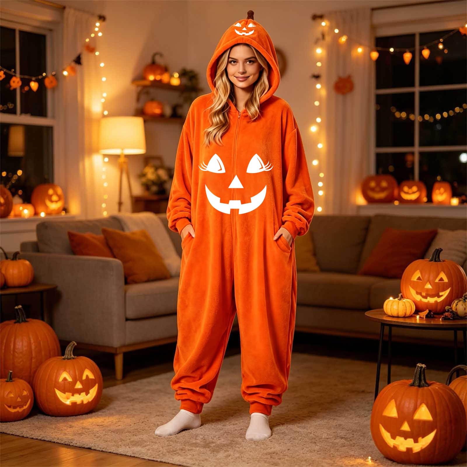 Pigiama Halloween Adulto Tuta Zucca Intera con Cappuccio Arancione Colore Arancione Vivace, Pigiama Zucca Halloween, Tuta Adulto con Cappuccio per Feste e Casa