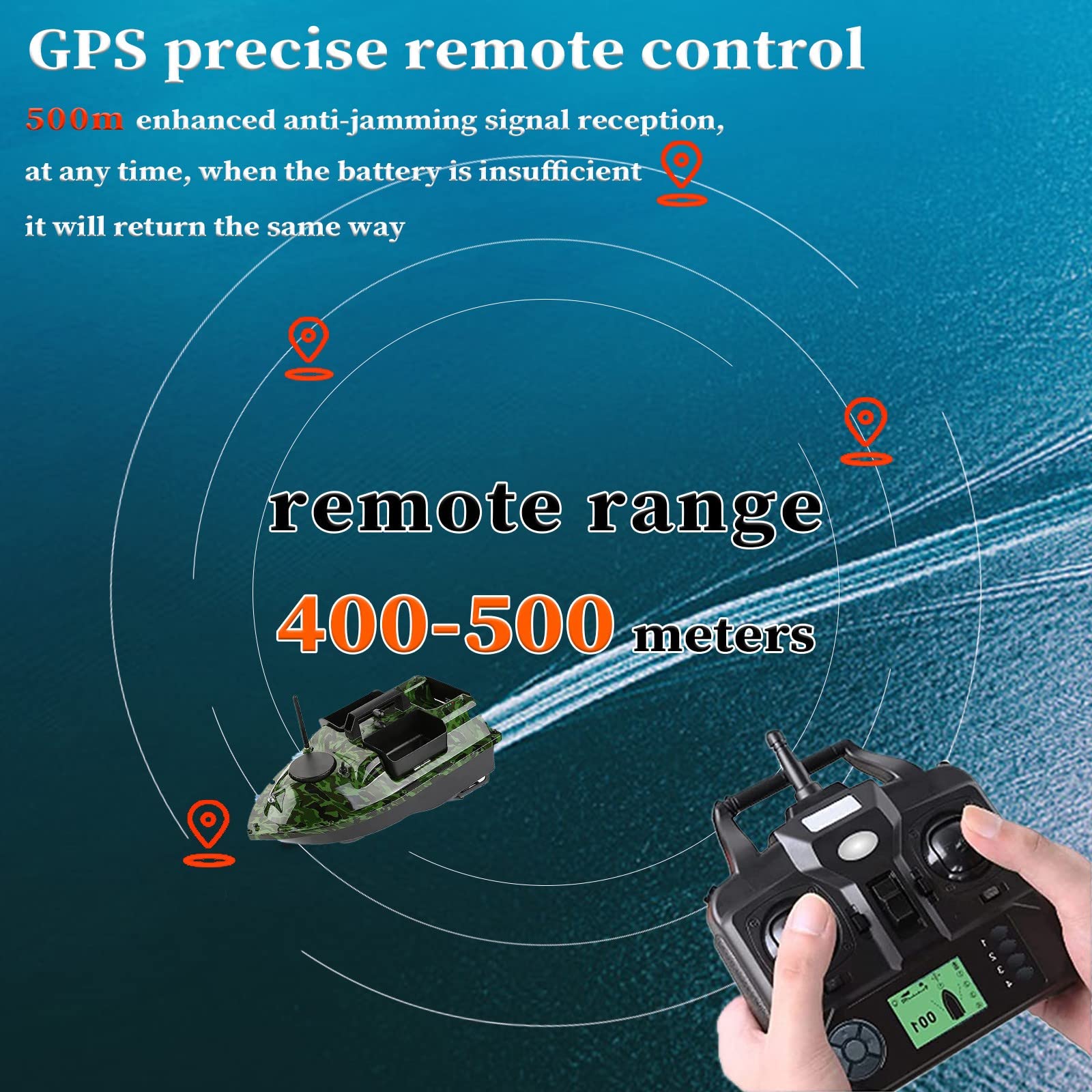 Barco Cebador Pesca Inteligente, Posicionamiento GPS, 500m Barco de Cebo teledirigidos de Pesca con 3 contenedores de Cebo y localizador de Peces, Carga máxima 2kg