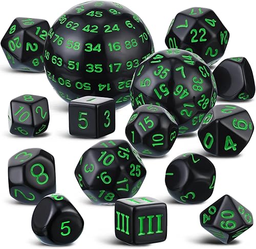 Miniatura 1 de Juego completo de dados poliédricos de 15 piezas D3-D100 esféricos RPG en negro opaco, juego de dados de 100 lados para juegos de rol, juegos de