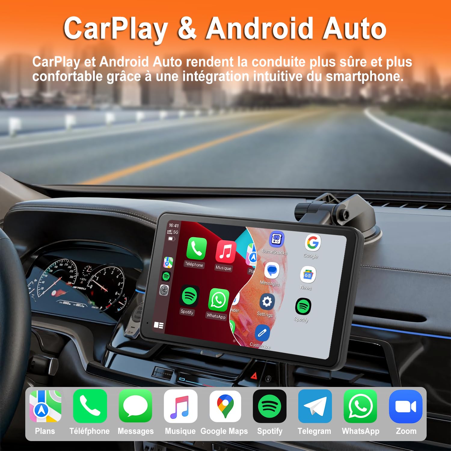 CarPlay Voiture, 7 Pouces Portable Autoradio avec Android Auto sans Fil | Stéréo de Voiture avec Écran Tactile, GPS Navigation, Assistant Vocal, Bluetooth Appels avec Mains Libres, MirrorLink, FM/AUX