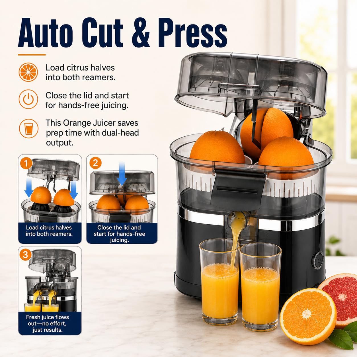 Exprimidor eléctrico de naranja y cítricos de doble cabezal, exprimidor automático de limón de 100w, motor de 18000 Rpm, fácil de limpiar, para naranja, limón y lima black