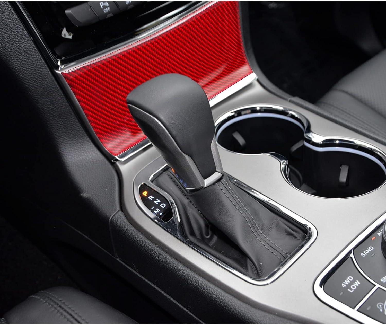 SUNJIKA Compatible with Carbon Fiber Interior Center Console Storage Box Panel Cover Sticker Scratch Proof Accessories for Jeep Grand Cherokee 2014 2015 2016 2017 2018 2019 2020 1PCS Red