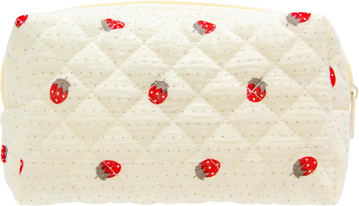 PAZIMIIK Small Quilted Makeup Bag,Zipper Cosmetic Pouch,Gauze Strawberry | Elegant Cosmetic Bag Organizer for Women,Purse Storage Holds Makeup,Toiletries,Skincare,Beauty Essentials,Travel Items
