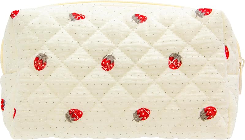 PAZIMIIK Small Quilted Makeup Bag,Zipper Cosmetic Pouch,Gauze Strawberry | Elegant Cosmetic Bag Organizer for Women,Purse Storage Holds Makeup,Toiletries,Skincare,Beauty Essentials,Travel Items