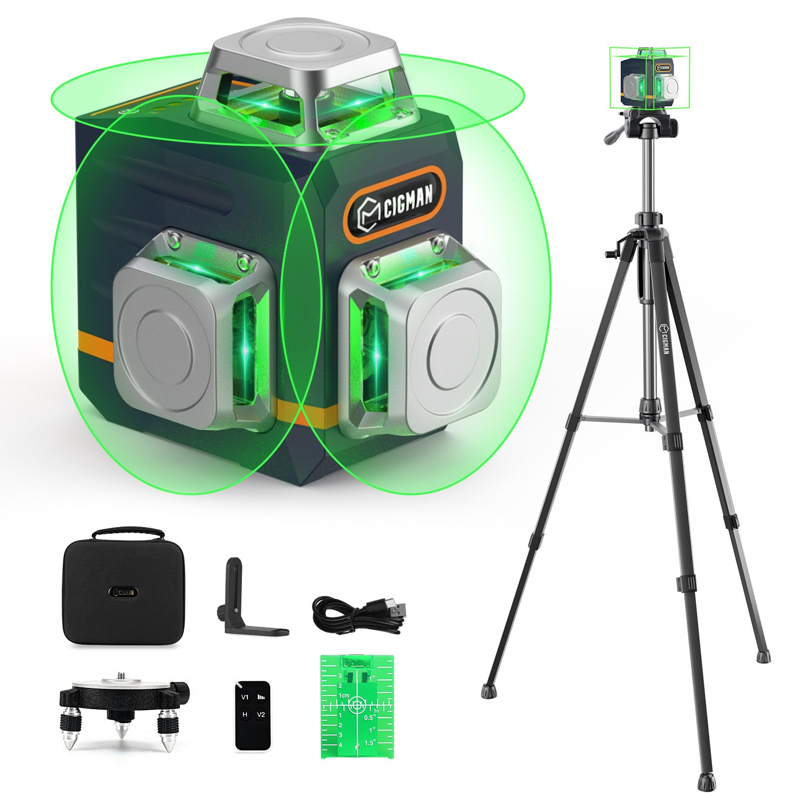 Nivel láser verde 3x360° CIGMAN CM701T con trípode ajustable (28-48"), batería recargable 4000mAh, alcance 30m/50m, 3 modos de trabajo, 4 niveles de brillo Global Recycled Standard Global Recycled Standard Global Recycled Standard