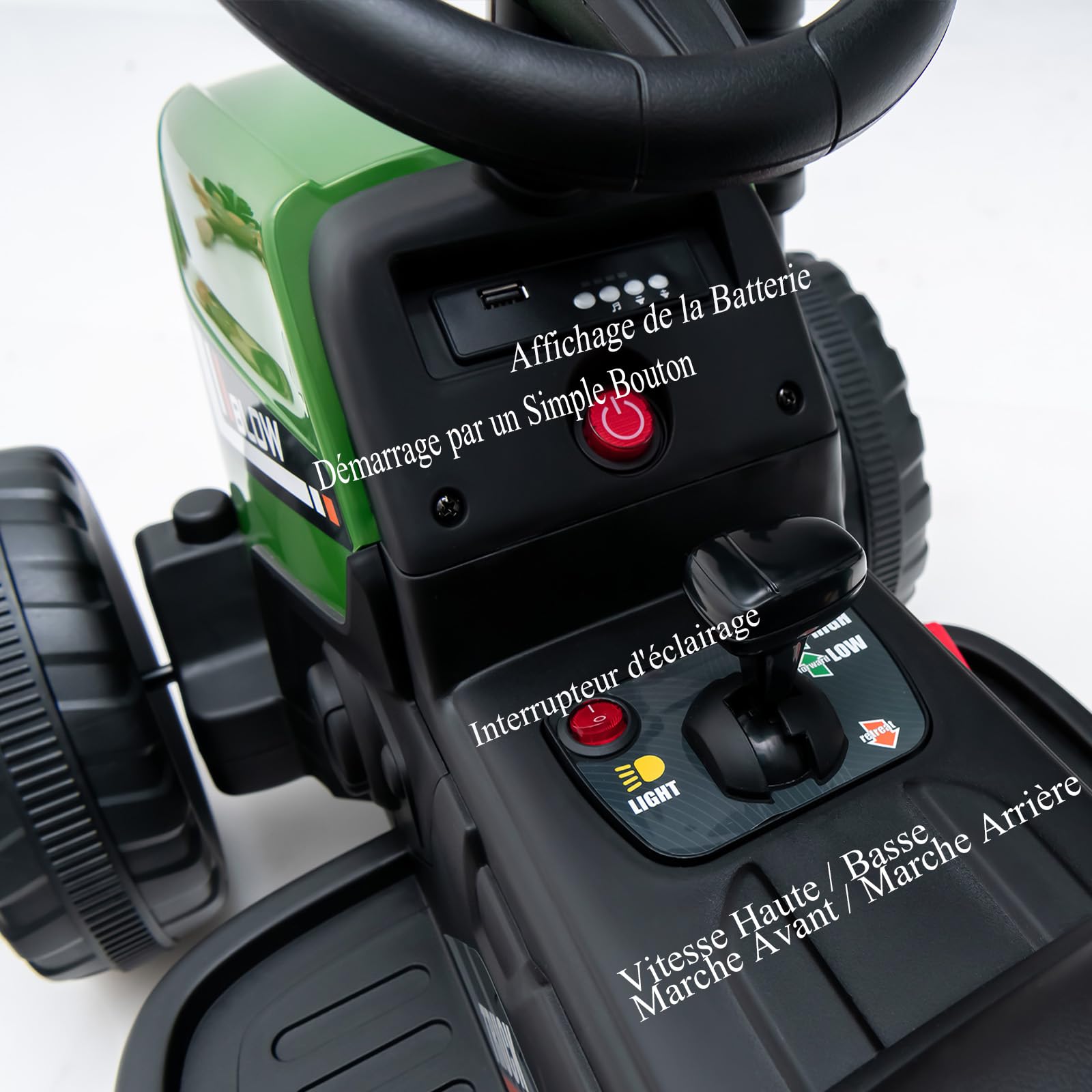 SOARS Spielzeugtraktor, Akku, 12 V, mit Fernbedienung, 2,4 G, 3 Geschwindigkeiten, Traktor mit elektrischem Anhänger mit Hupe/MP3/Bluetooth/USB/LED, Elektrotraktor für Kinder ab 3 Jahren