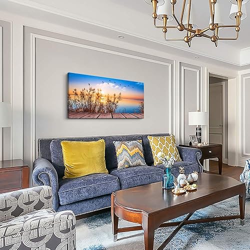 Miniatura 7 de Arte de pared para sala de estar póster con impresión decorativa pintura de paisaje de playa, sol, hierba y océano decoración de habitación, cuarto