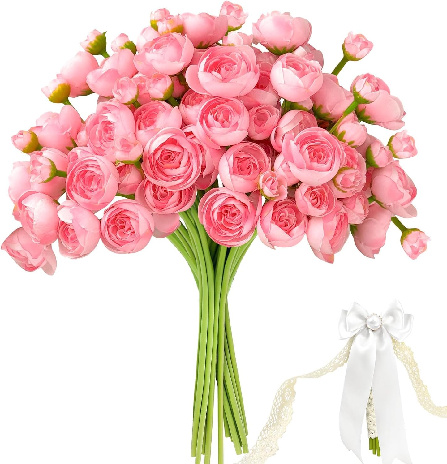 24 Pcs Ranunculus Artificial Flowers with Bows, Ribbons and Pearl Pins, Faux Silk Mini Peonies Artificial Flowers for Diy Wedding Bouquets, Bridal Shower Decorations and Home Table Decorations,Red