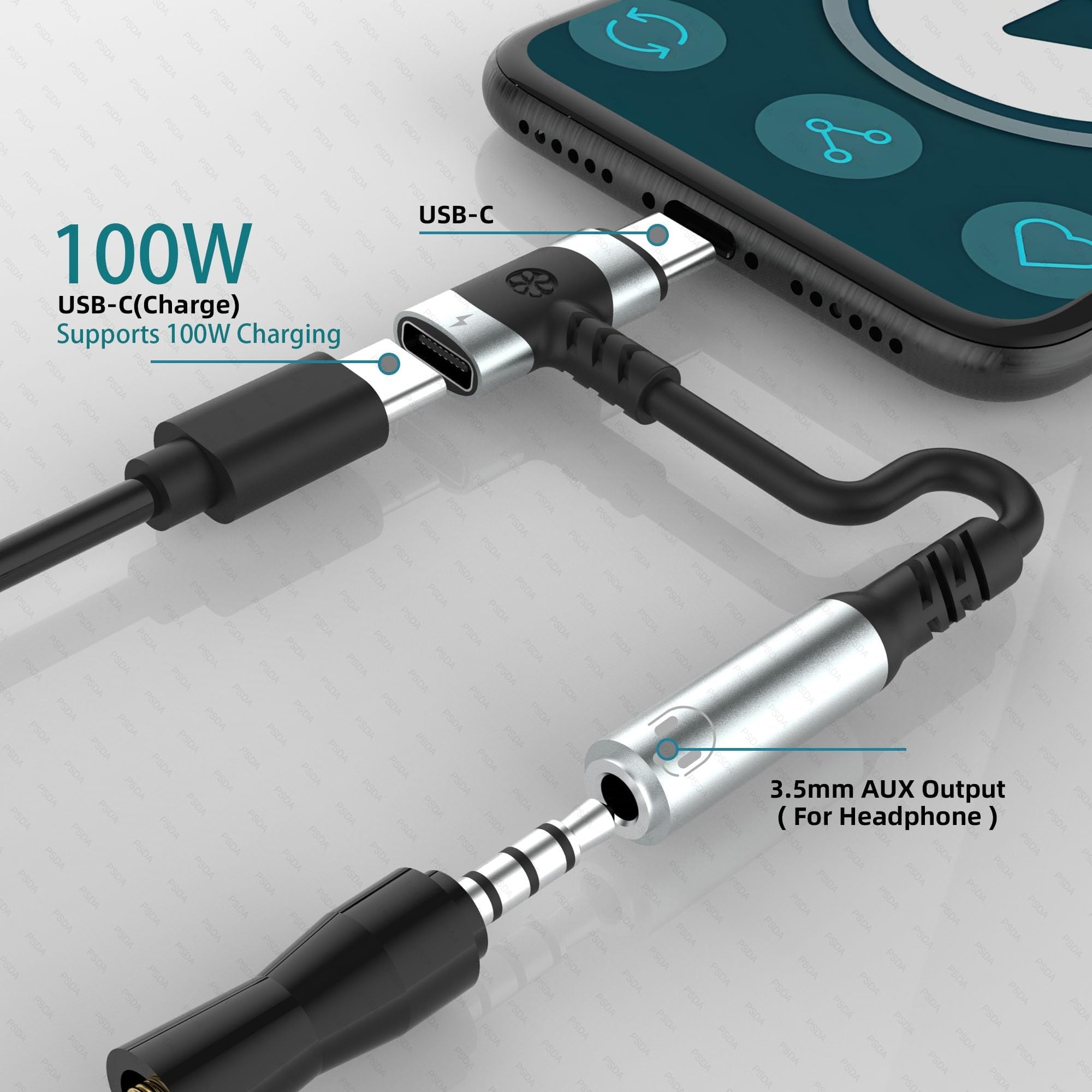 PremiumCord Adapter USB-C na Stereojack 3,5 mm + USB-C z Układem DAC, Słuchawkowy AUX, Wtyk 3.2 Typu C na Gniazdo Jack + Typu C, Kompatybilny Android I iOS, Srebrny, 10 cm