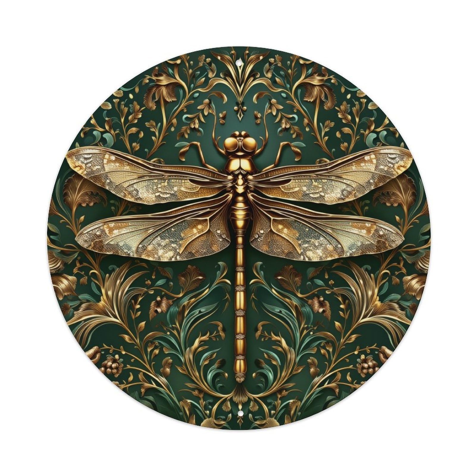 Golden Dragonfly Ornate Pattern Background Round Tin Sign Vintage Metal Poster, Home Bar Garage Man Cave Cafe Indoor & Outdoor Wall Decoration 8x8Inches