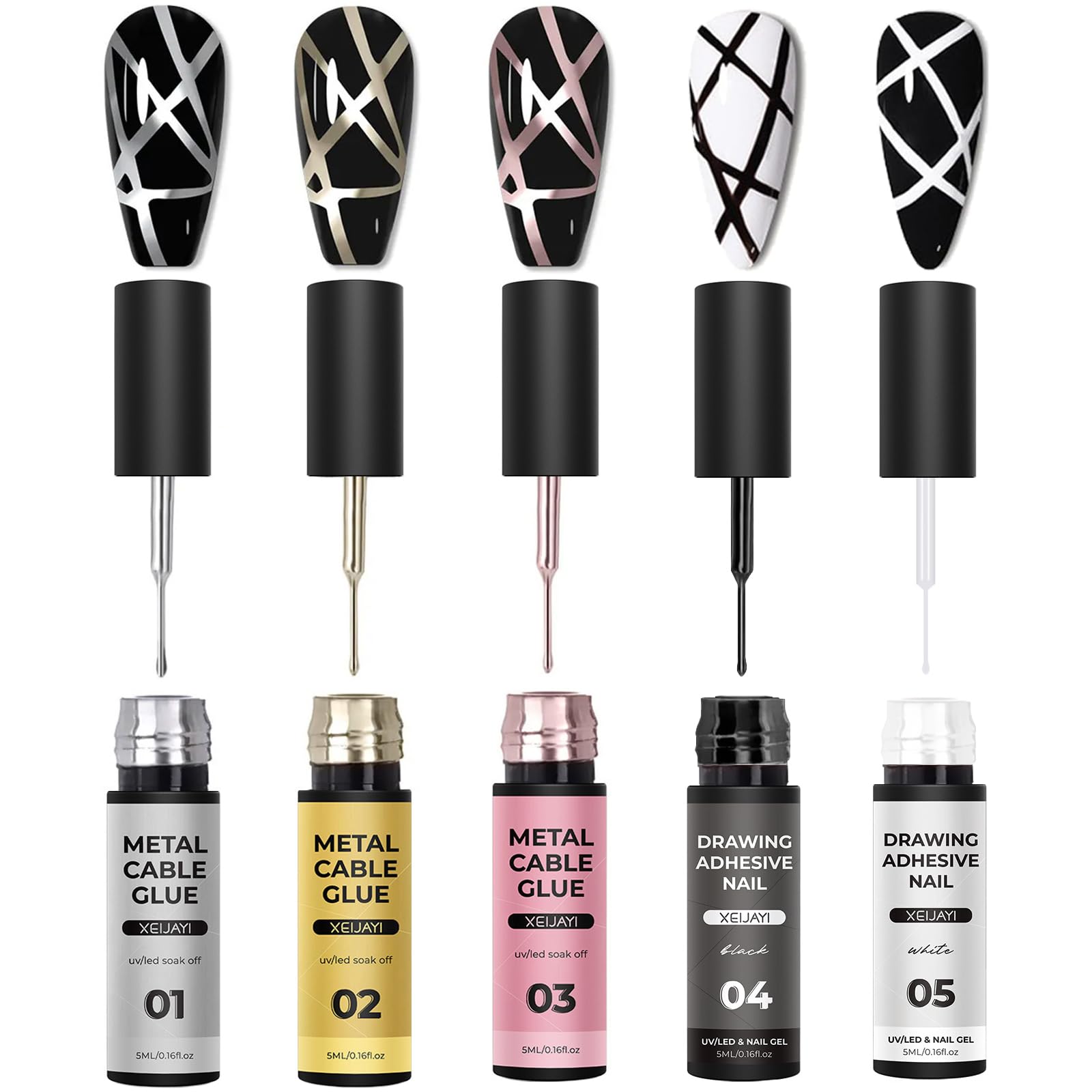Metallic Nail Art Gel Liner Set, White Black Silver Gold Rose Gold Painted Gel Polish for French Tip, 5 Color UV/LED Soak Off French Manicure Kit