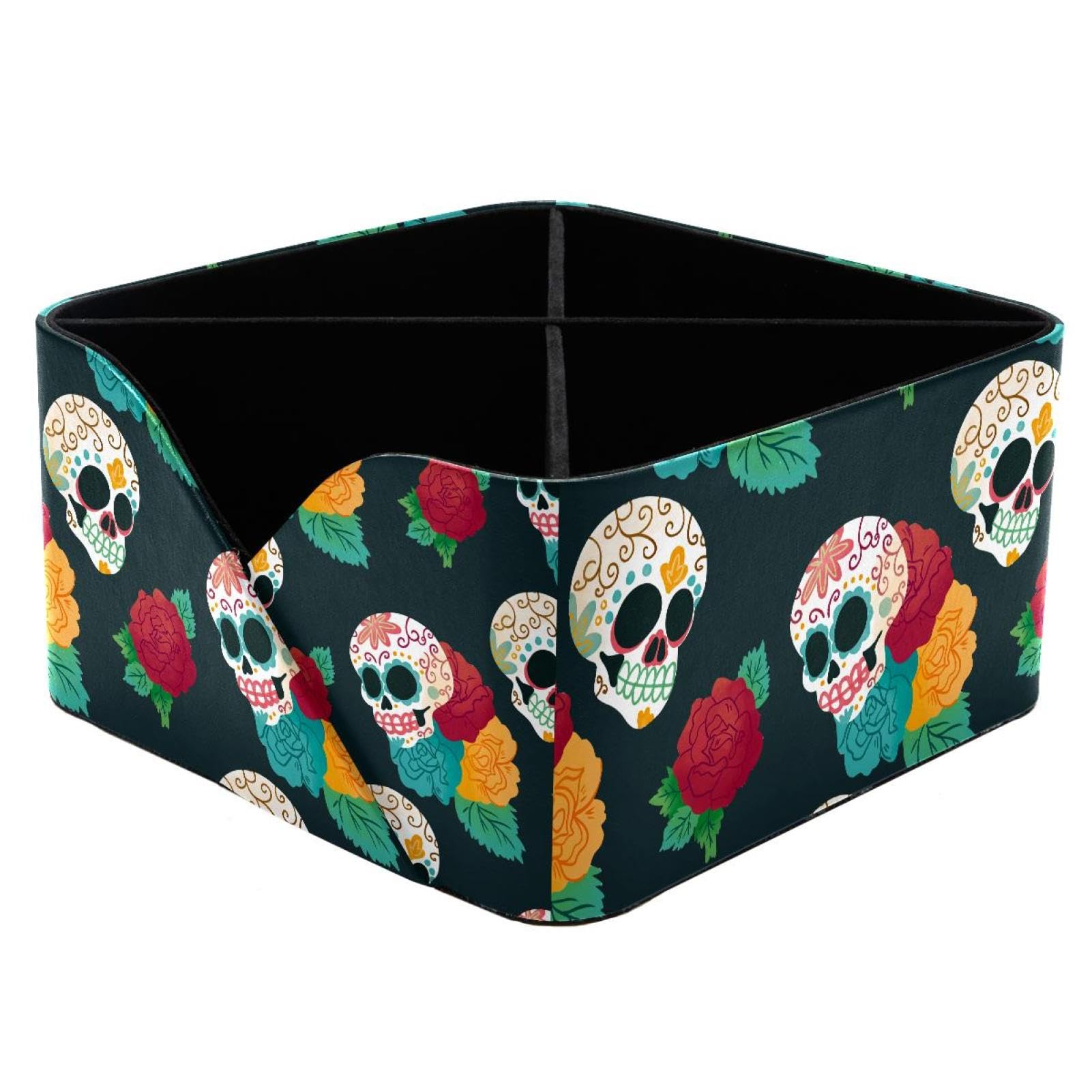 KengjuTesu Flowers Skulls Desktop Organizer Pen Holder, Rectangular Pencil Cup for Office, Study and Makeup Stations