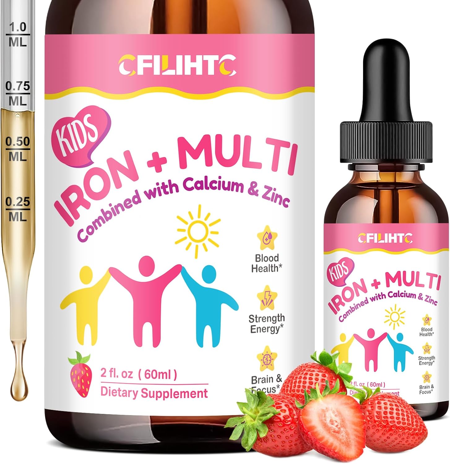Liquid Iron Supplement for Kids, Women & Men – with Calcium, Zinc, Kids Multivitamin with Iron Drops – Immune Support, Blood Builder & Energy Support for Iron Deficiency, Anemia, Vegan 2 Fl Oz