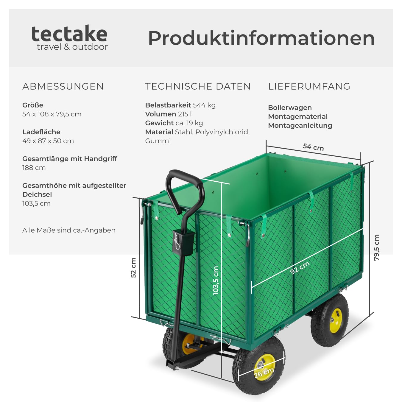 tectake® Bollerwagen, mit Seitenwänden klappbar, Handwagen, Transportwagen zum Anhängen und Ziehen, hochbelastbar bis 544kg, als Einkaufstrolley, Transportkarre, Rollwagen, Strand Bollerwagen