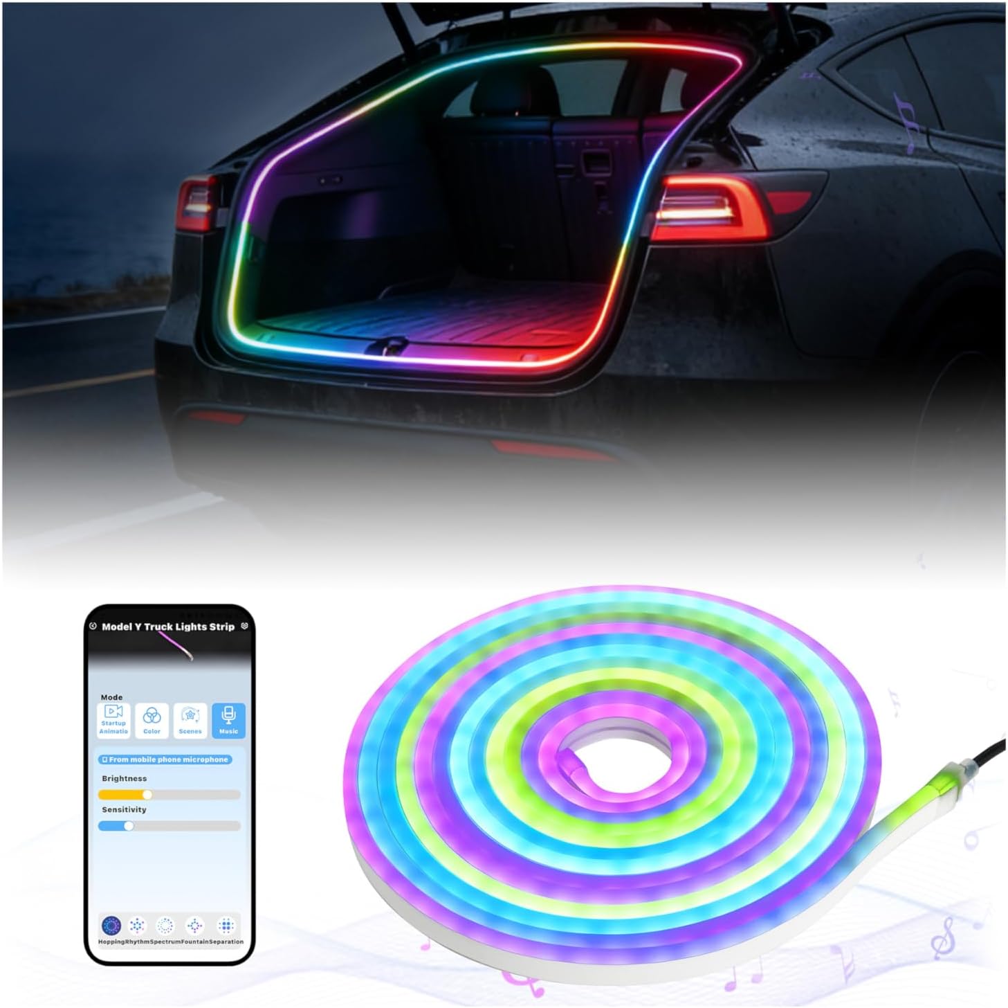 RGB LED Trunk Light Strips for Tesla Model Y & Juniper 2021-2026, APP Control Ambient Neon Trunk Lights with Magnetie Sensor, Auto On/Off, Music Sync, Waterproof Silicone, Plug & Play