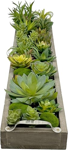 Miniatura 5 de Galt International Bandeja de madera de 31 pulgadas con asas para suculentas surtidas de imitación  Bandeja de madera gris, musgo verde artificial,