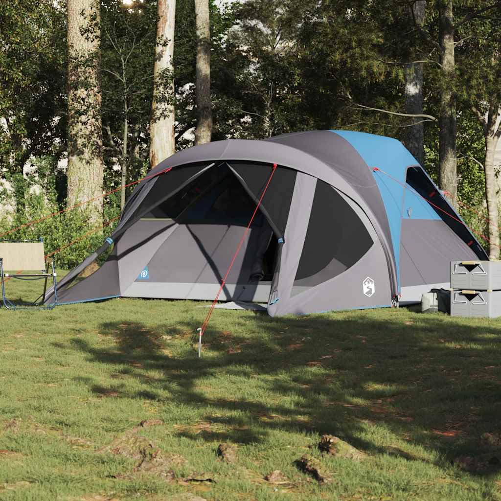 Tunel Family Tent dla 6 osób, wodoodporny, niebieski, 411 x 325 x 180 cm, przenośny schronisko kempingowe z portem elektrycznym, idealny do przygód na świeżym powietrzu i podróży grupowych