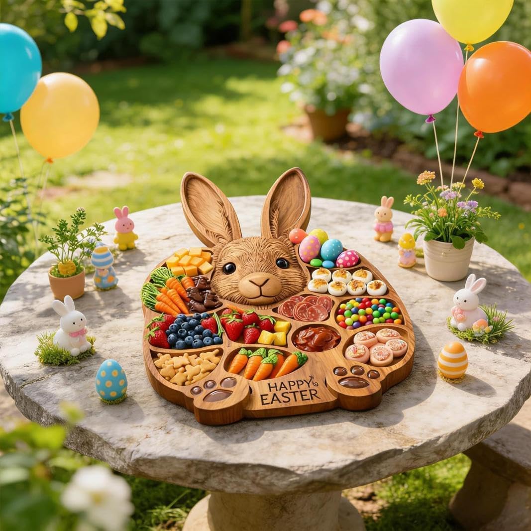 2026 Easter Bunny Wooden Charcuterie Board, Rabbit Wooden Deli Board, Cute Rabbit-Shaped Serving Tray with Compartments, for EasterParty Centerpiece Holiday Snacks & Treats KitchenTable