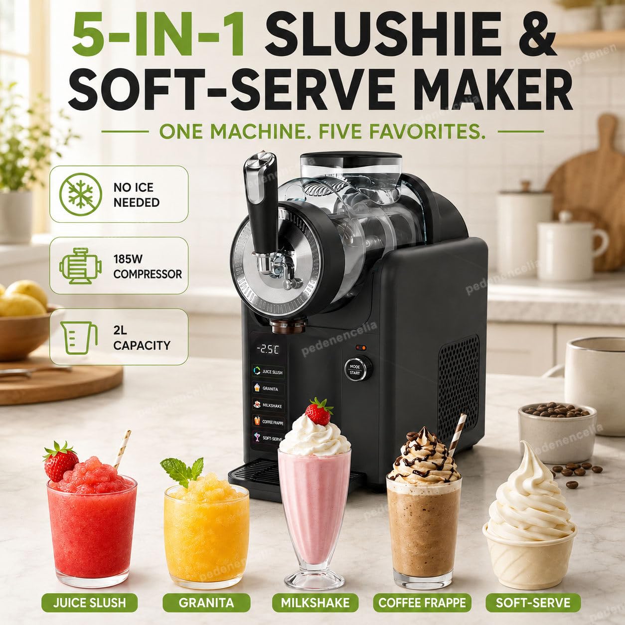 Macchina per Granite, Senza Bisogno di Ghiaccio, Produttore Professionale 5-in-1 di Slushy con Compressore 185W, capacità 2L, Autopulizia, Consistenza Regolabile Black