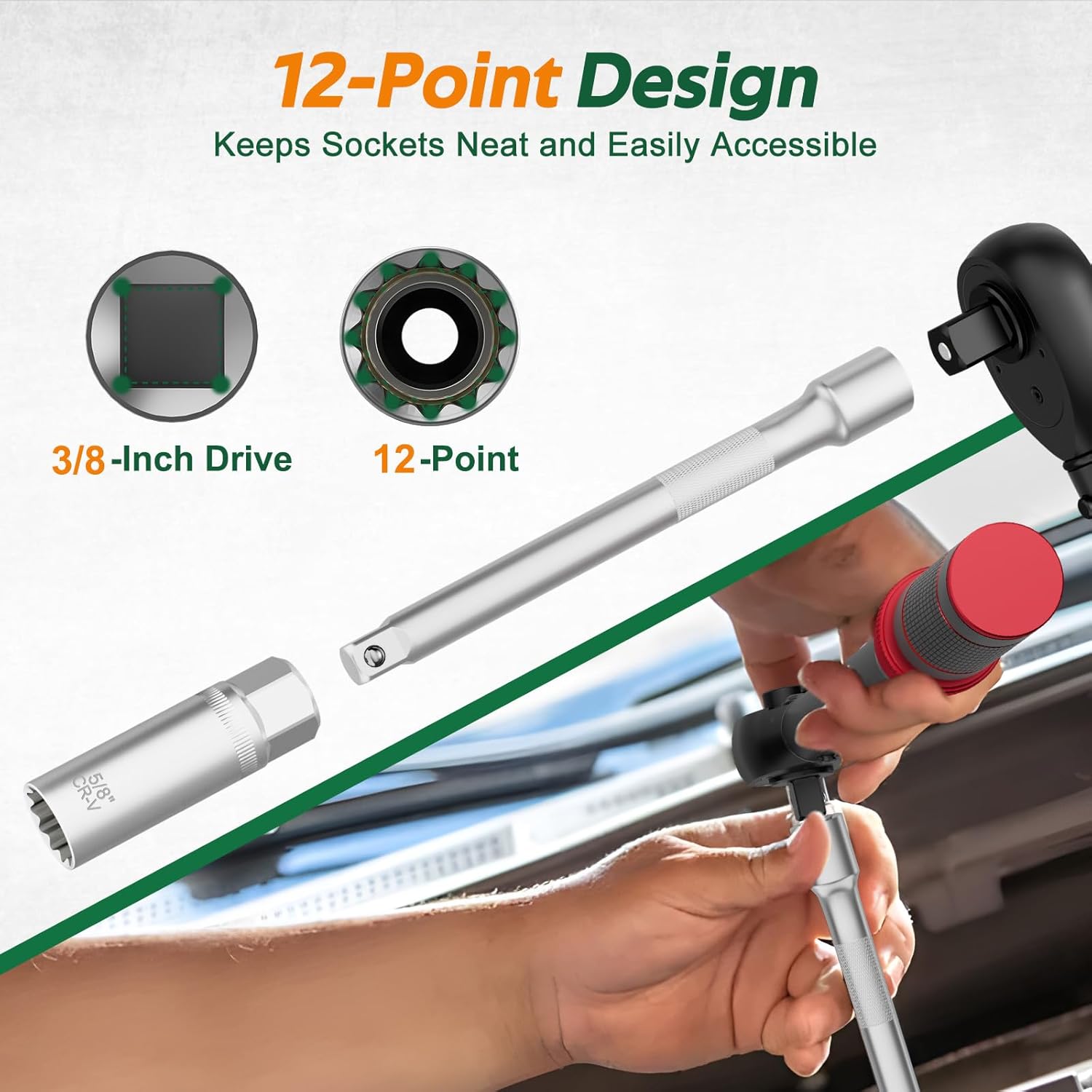 3/8 Inch Drive Spark Plug Socket Set, 12 Point, 11Pcs SAE & Metric Sizes 14mm, 16mm, 18mm, 9/16”, 5/8”, 13/16”, Magnetic Spark Plug Removal Tool with Extension Bar for Cars and Motorcycles