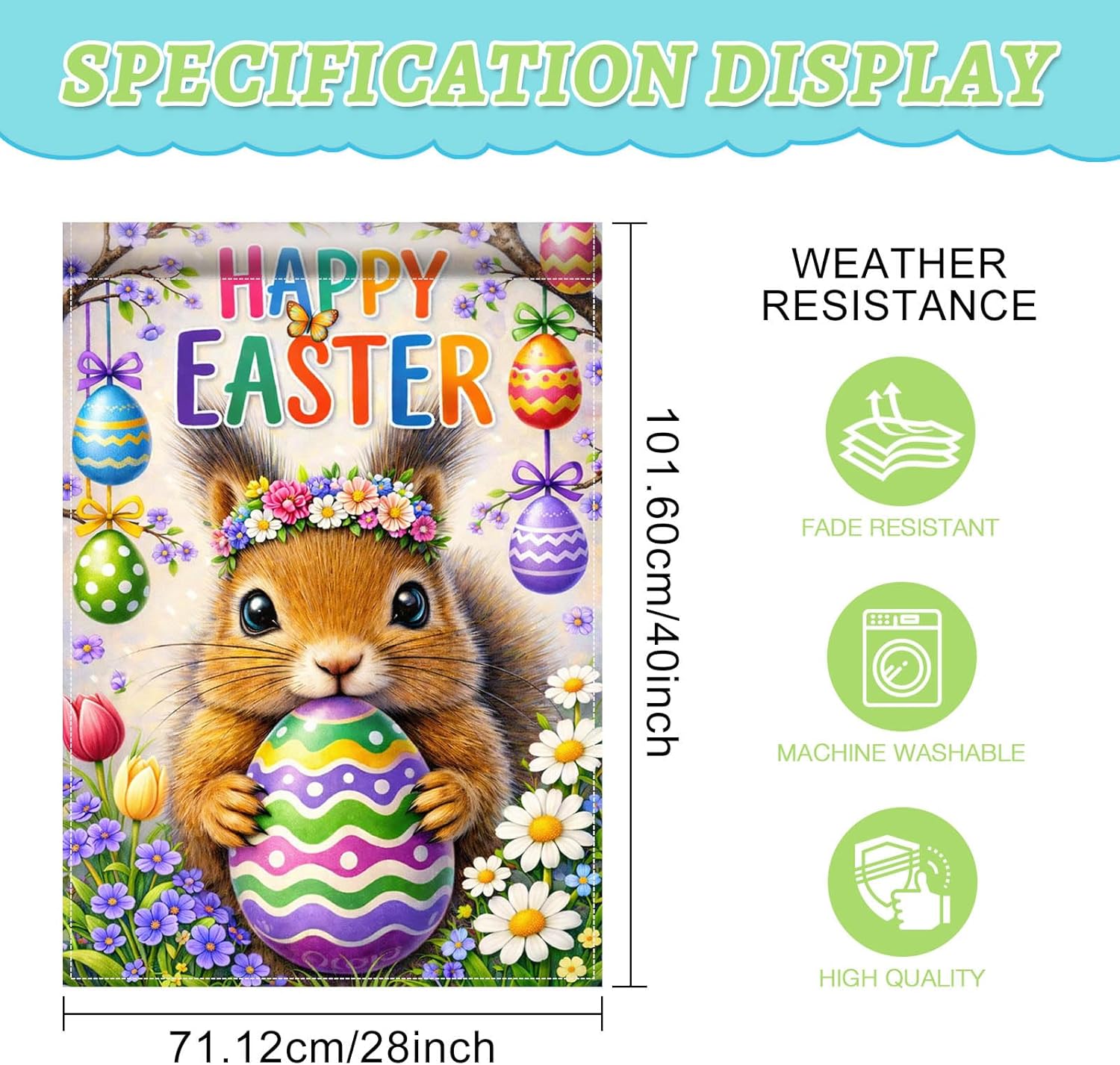 Happy Easter House Flag 28x40 Inch Double Sided Cute Squirrel Holding Colorful Egg with Hanging Easter Eggs Floral Spring Garden Flag Large Outdoor Yard Flag Holiday Farmhouse Easter Decor - Image 5
