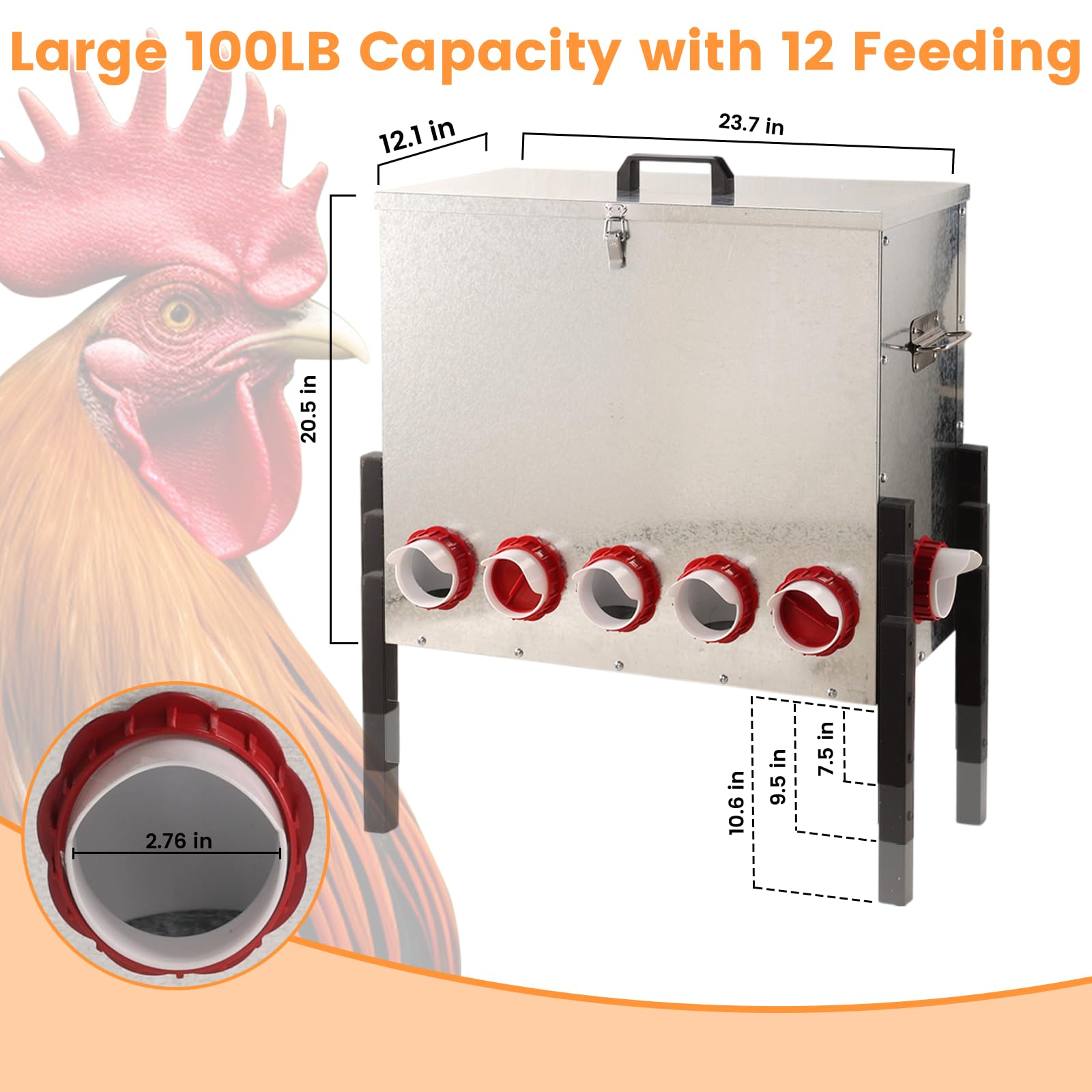 Comedero automático para gallinas, de Metal, de Gran Capacidad, con 12 Orificios y Patas Ajustables, para gallinas y Aves de Corral.