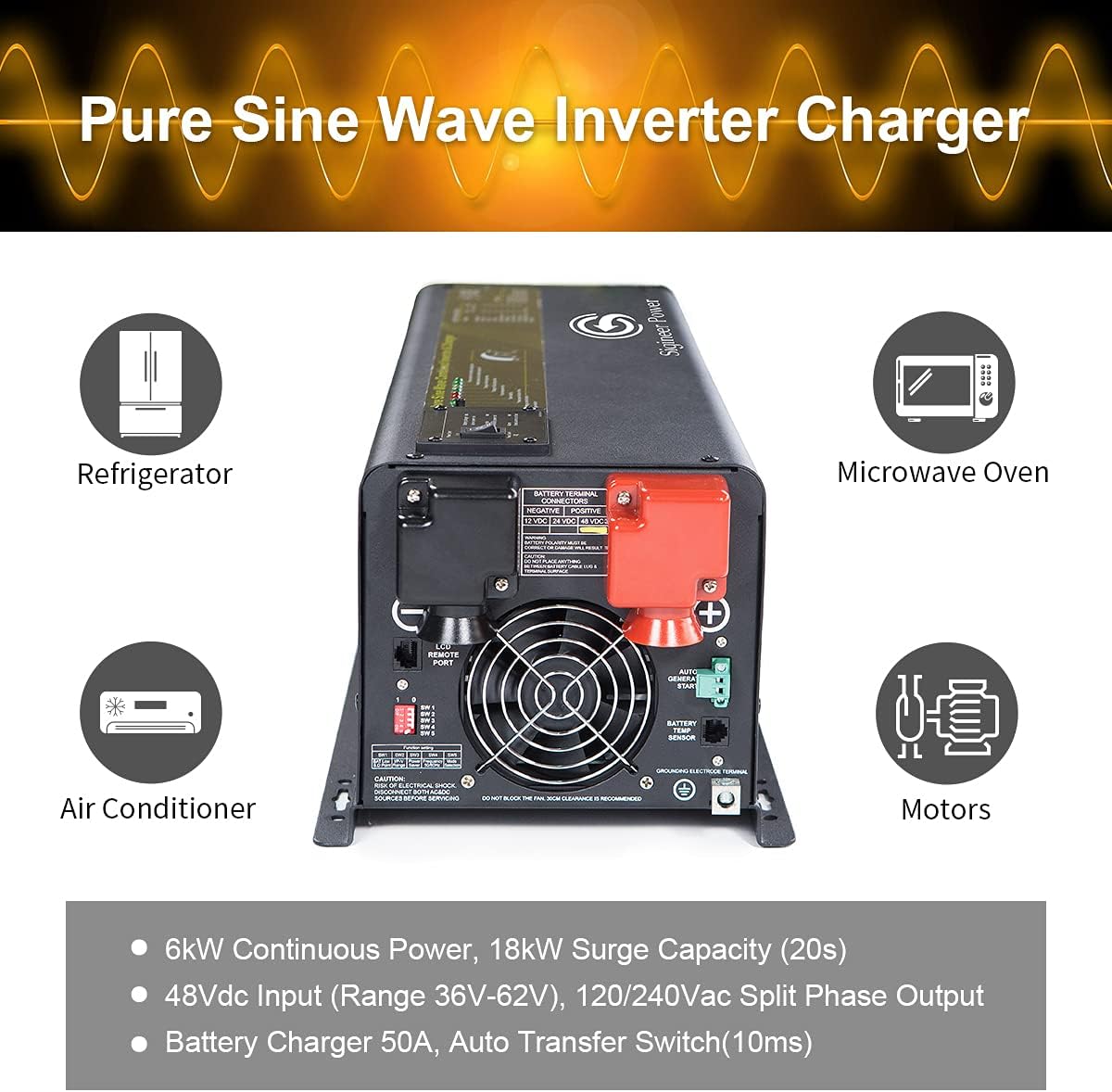 Sigineer Power 6000W 48V Pure Sine Wave Inverter Charger,48Vdc and 240Vac Input to 120V 240V AC Split Phase Output,18000W Surge,Low Frequency,Remote Control,for Home,RV,Truck : Everything Else