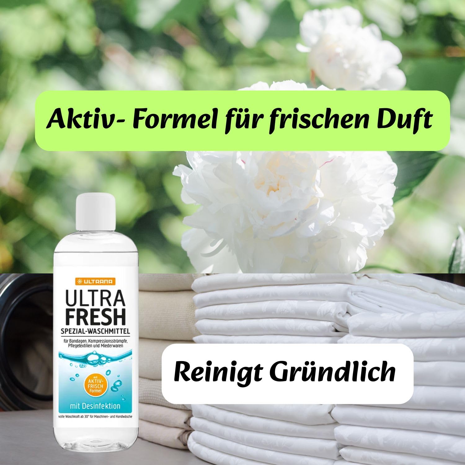 Ultrana Ultra Fresh Desinfektionswaschmittel 500 ml + Olanmarp Wäschenetz | Hygiene Waschmittel Konzentrat fuer Inkontinenzwaesche und Pflegetextilien – Made in Germany, biologisch abbaubar