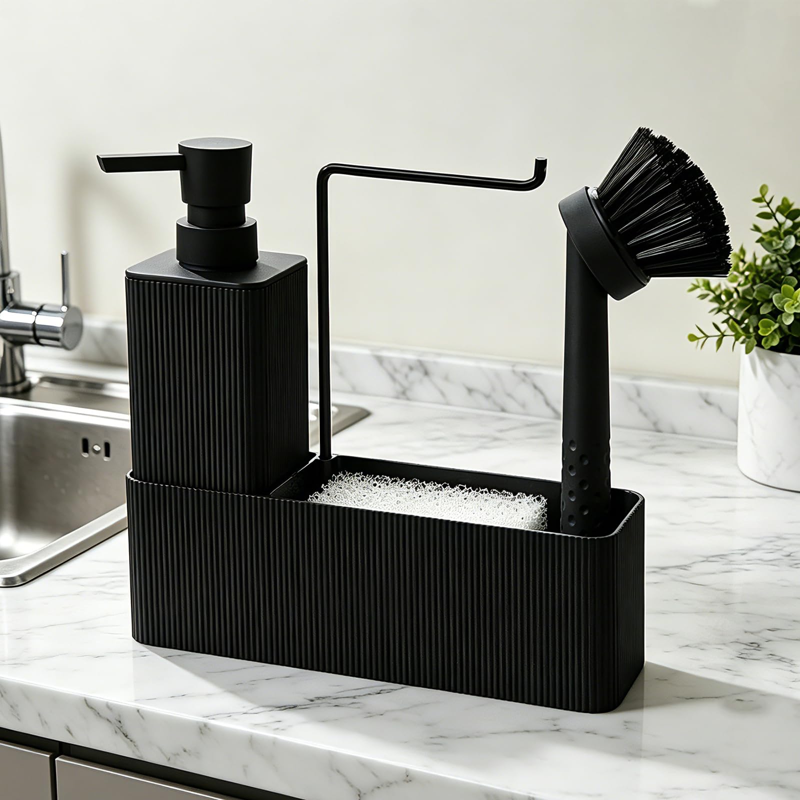 Dispenser Sapone Cucina con Porta Spugna e Spazzola, Dispenser Detersivo Piatti Nero, 4 in 1 Organizer Lavello Cucina (Nero)