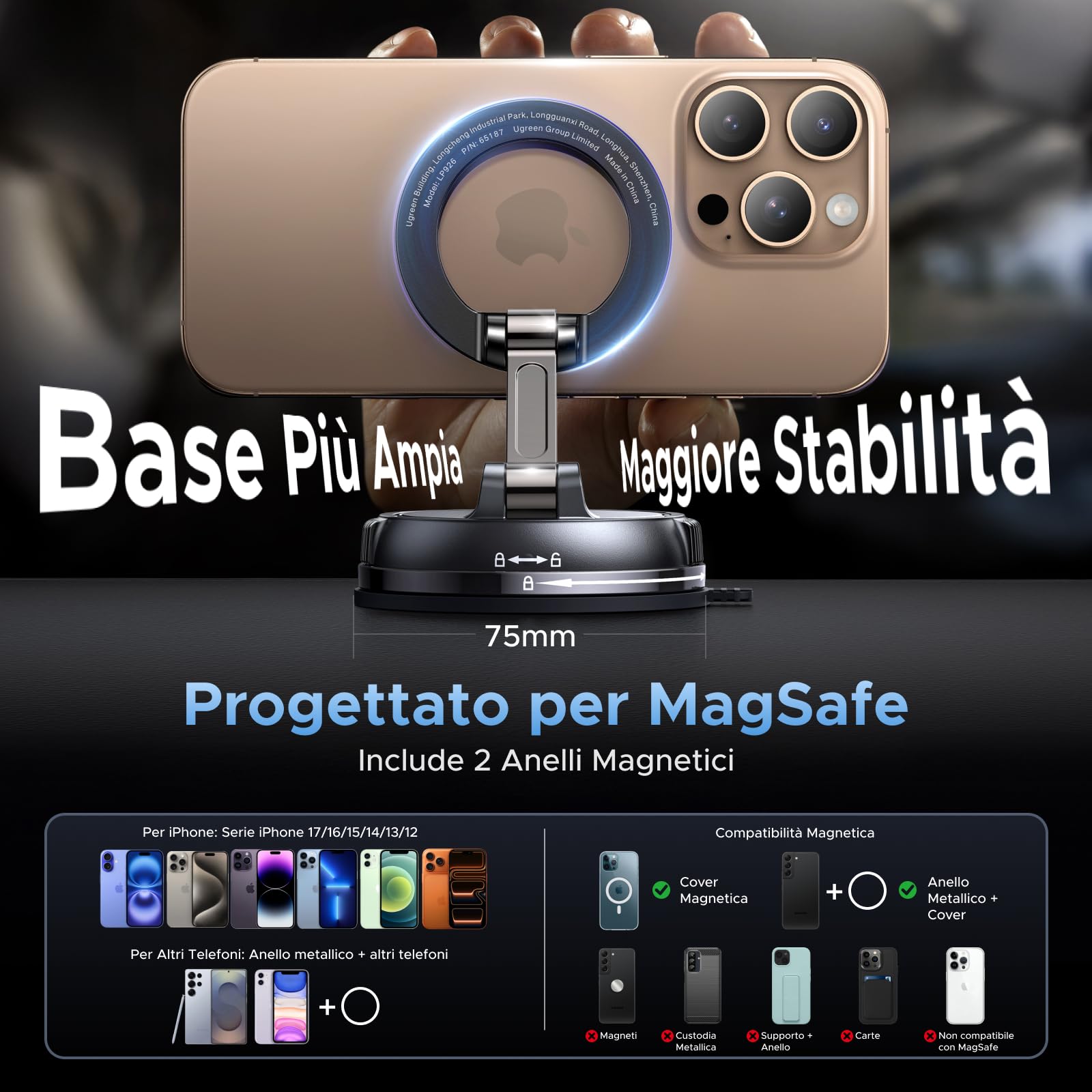 UGREEN Supporto Telefono Auto Magsafe Potente Ventosa Magnetico Porta Cellulare Auto Rotazione a 360° per Cruscotto Compatibile con iPhone 17 Pro Max Air 16 15 14 Galaxy S25 S24 Pixel 10 9, Nero