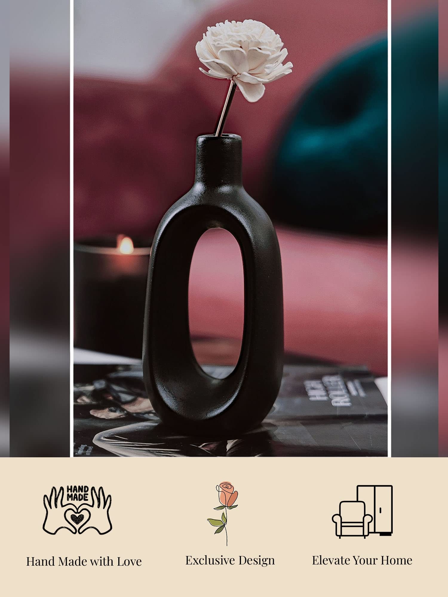 Purezento Modern Decorative Kieko Donut Vases for Home Decor | Centerpieces | Kitchen | Office with Unique Quality for Home Decor Center Table, Flowers Pot, Bedroom Side Corners (Black,6 Inch) 1