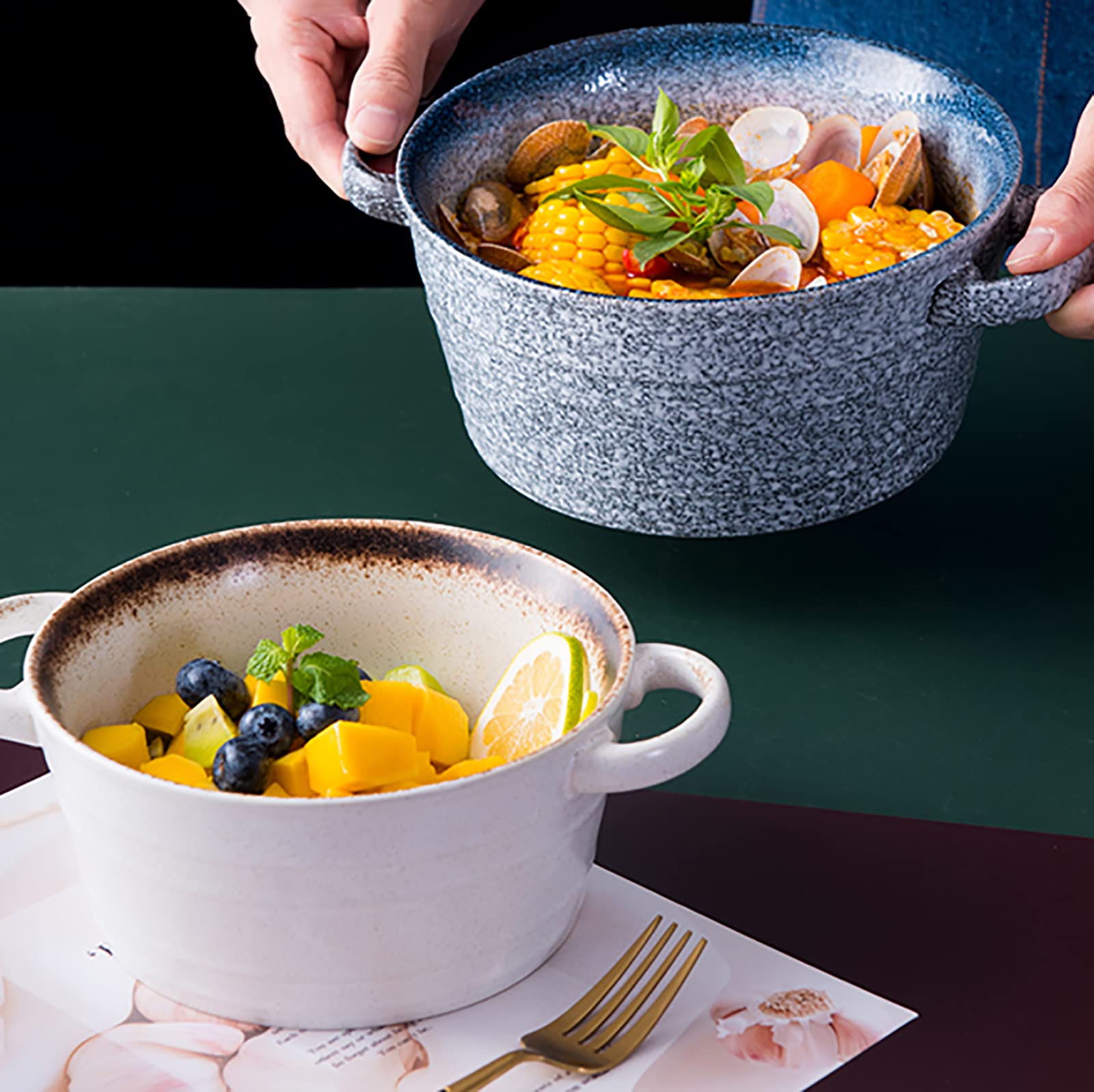Zestaw 2 ceramicznych misek, misek do zupy z uchwytem śniadaniowy makaron miska na owoce design deserowa miska na zupę restauracja dekoracja domu