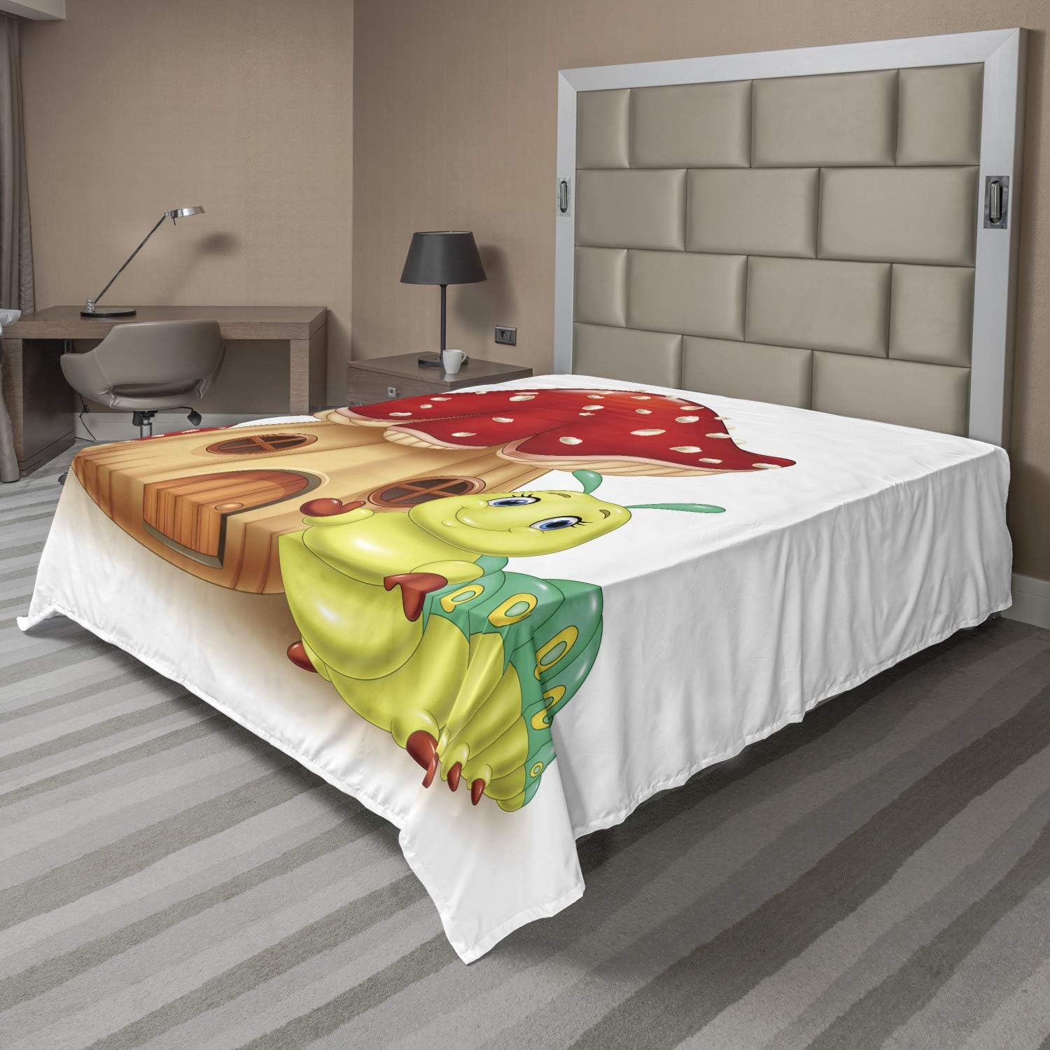 Ambesonne Caterpillar Flat Sheet, Mushroom House with Bug Cartoon Illustration Larva Type Bug Happy Character, Soft and Comfortable Top Sheet Decorative Bedding 1 Piece, Full Size, Multicolor