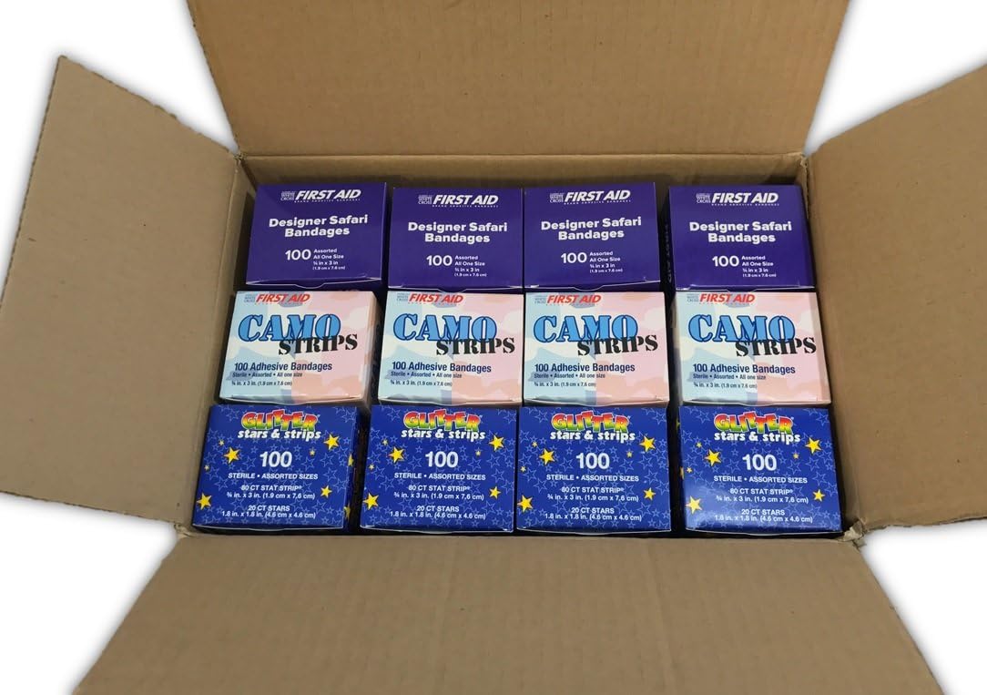 Bandages Mixed Case of 12 Boxes - Glitter Stars & Stripes, Camo Strips, Designer Safari Bandages