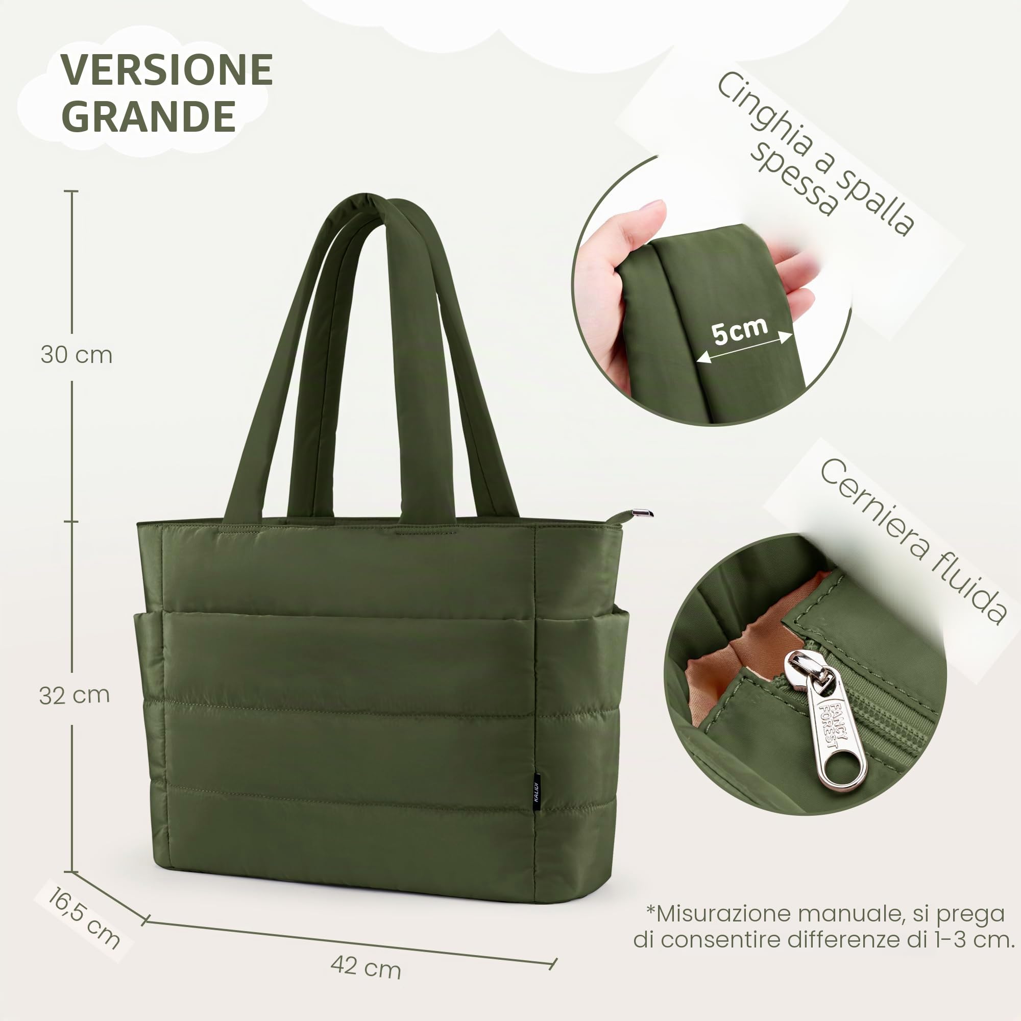 KALIDI Borsa tote trapuntata, borsa a tracolla imbottita da viaggio grande anti spruzzi cerniera casual lavoro palestra donna