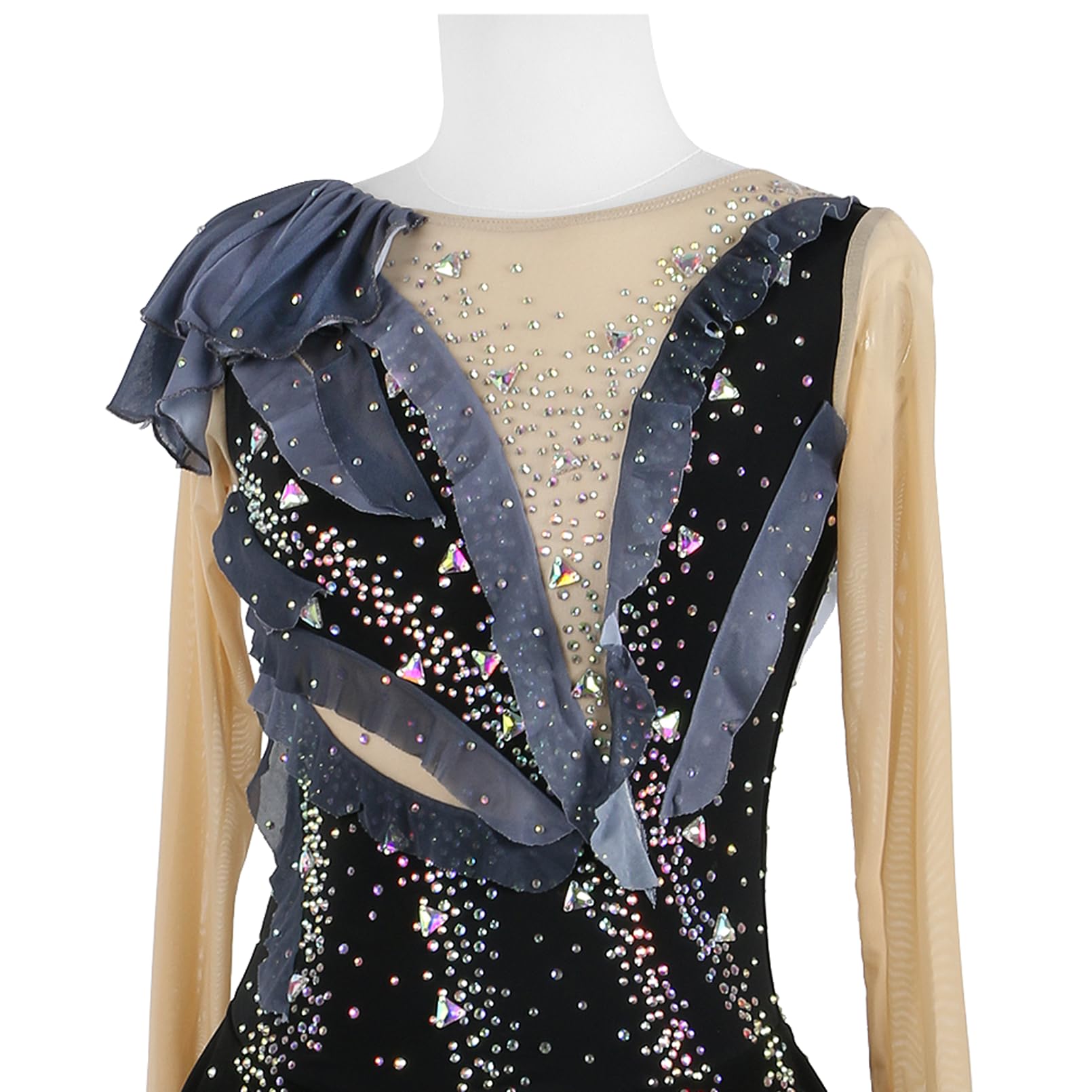 Vestido Patinaje Artístico Mujer Negra Manga Larga/Sin Mangas Pedrería Hecha a Mano Maillot Competición de Niña Vestido de Baile Latino